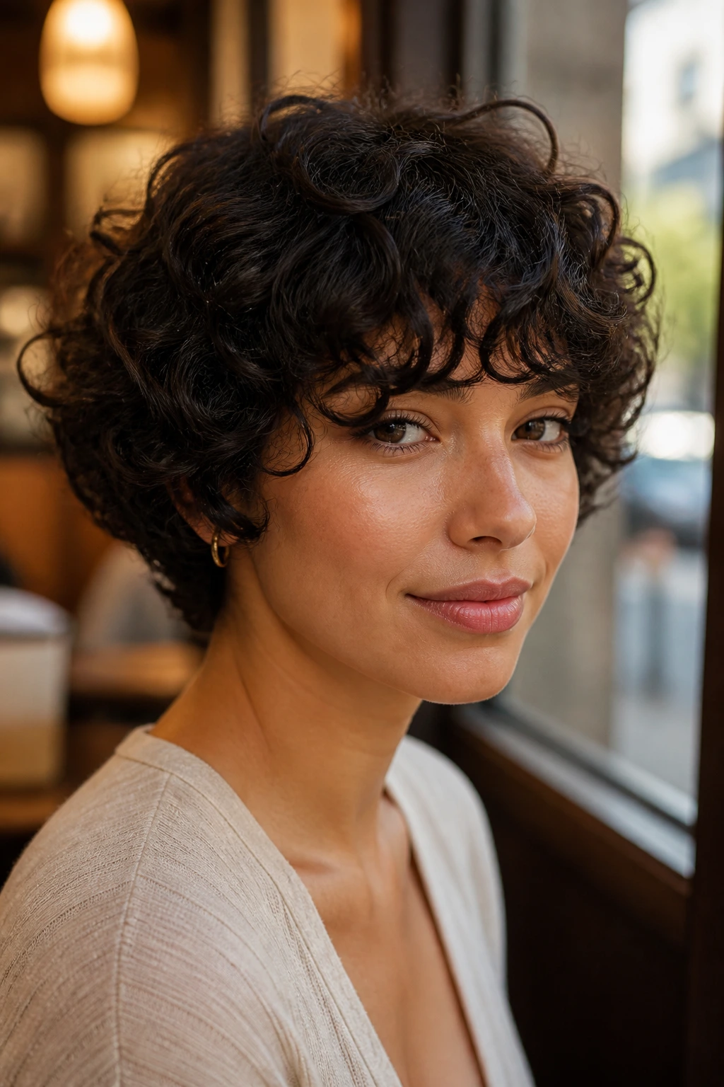 Close-up of a real person with rounded pixie bob and curled fringe in soft window light