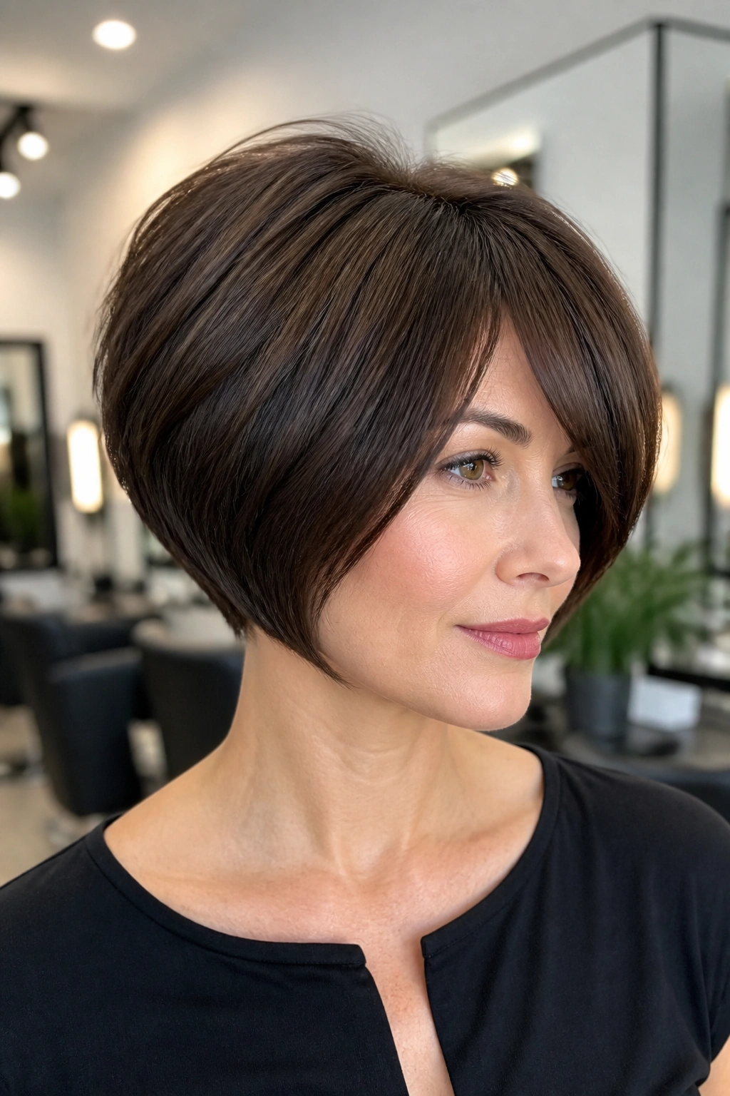 Portrait of a real woman with a rounded long pixie bob for thick hair
