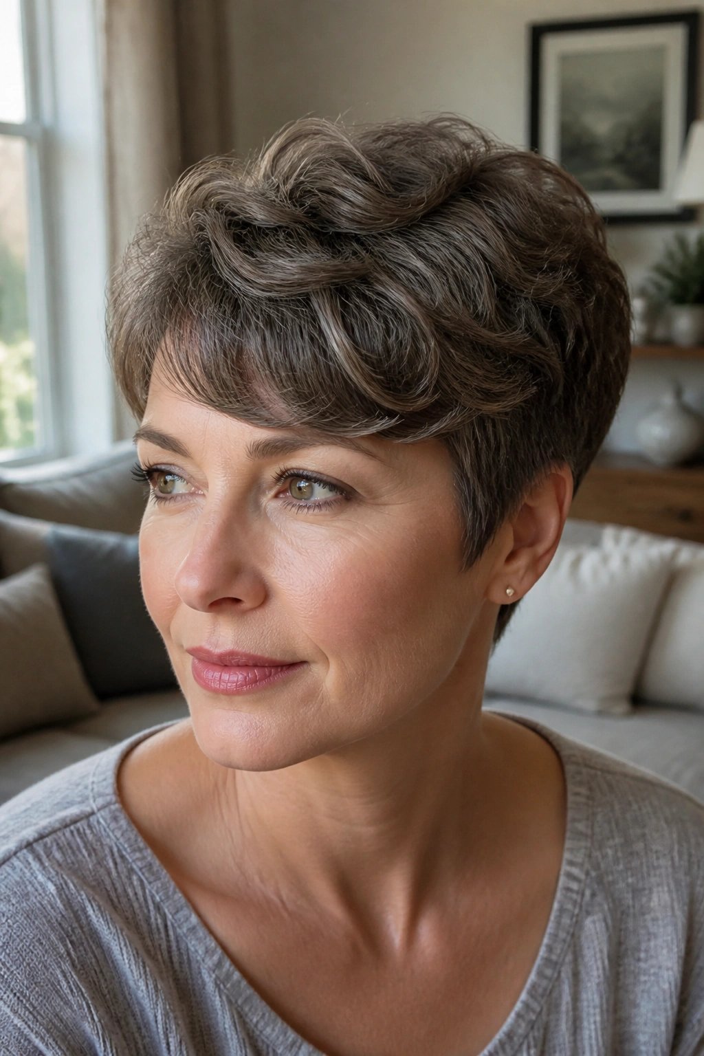 Close-up of a real woman with rounded pixie and full crown