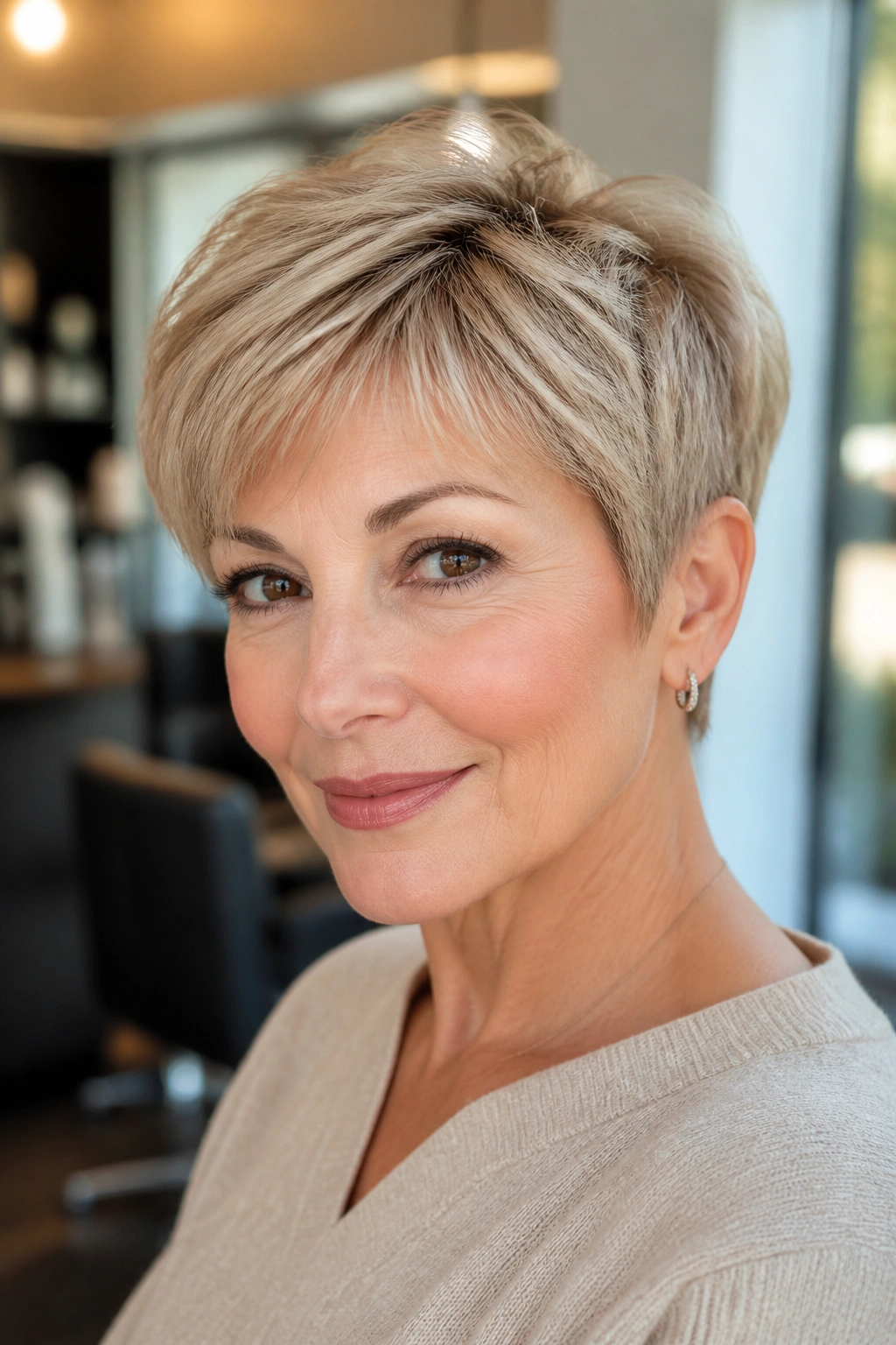 Close-up portrait of a real woman with rounded pixie and soft crown in natural light