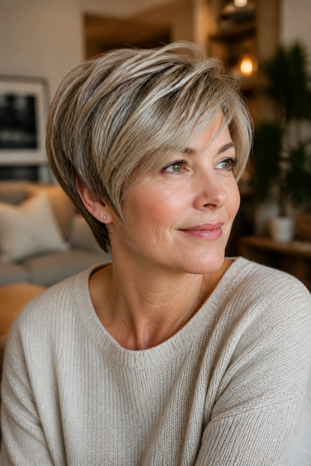 Close-up of a real woman with rounded long pixie for fine hair under warm indoor light.