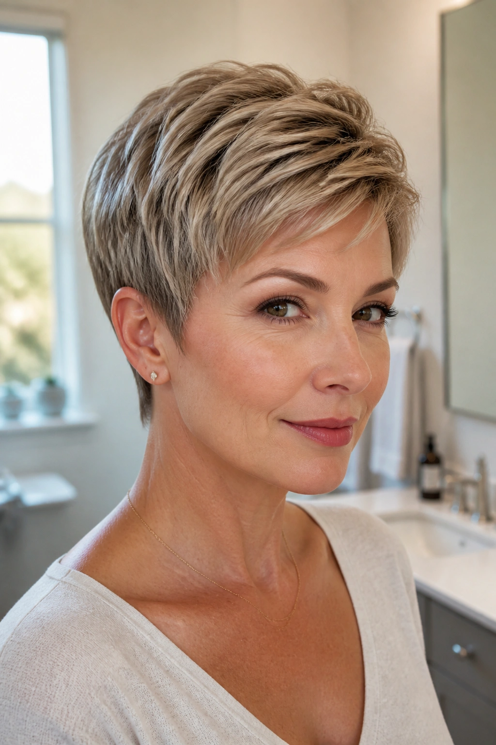 Close-up of a real woman with rounded pixie shape for fine hair