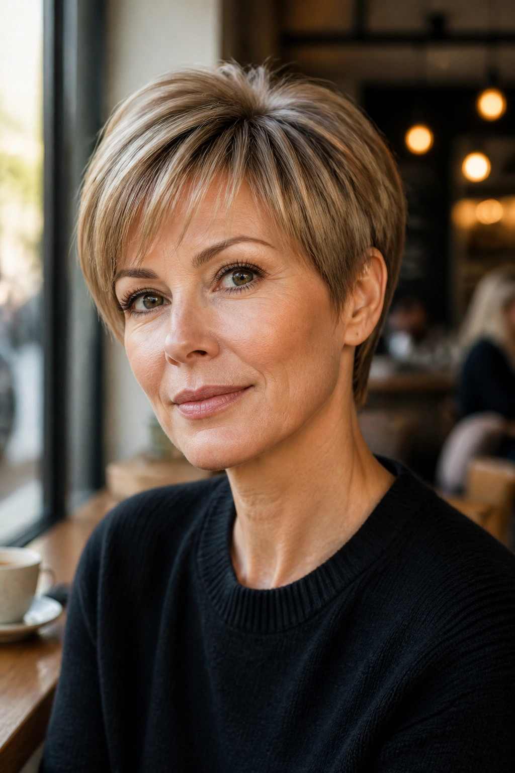 Close-up portrait of a real woman with a rounded pixie for fine hair in sunlit cafe