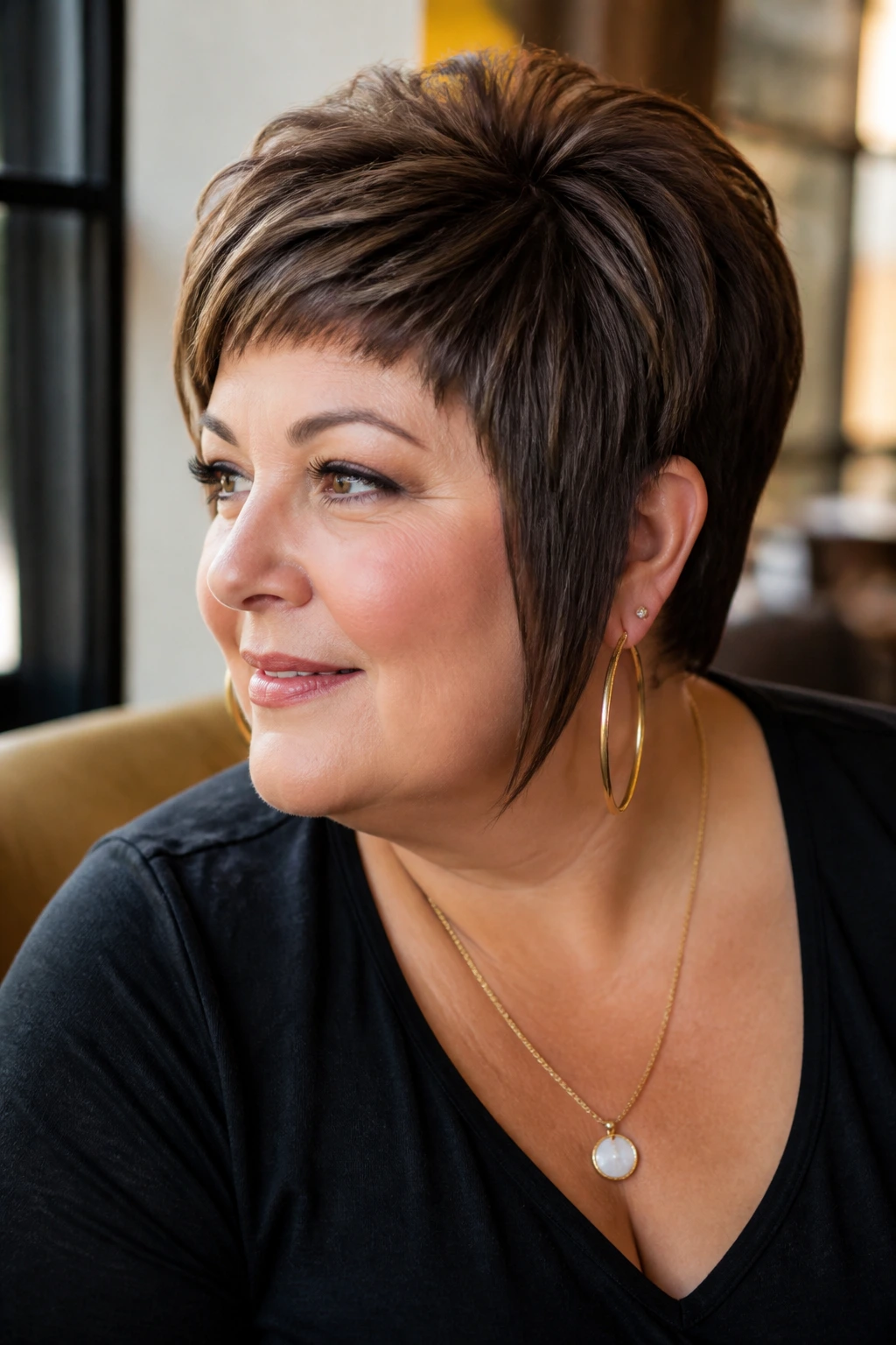 Close-up of a real woman with rounded pixie and long sideburns