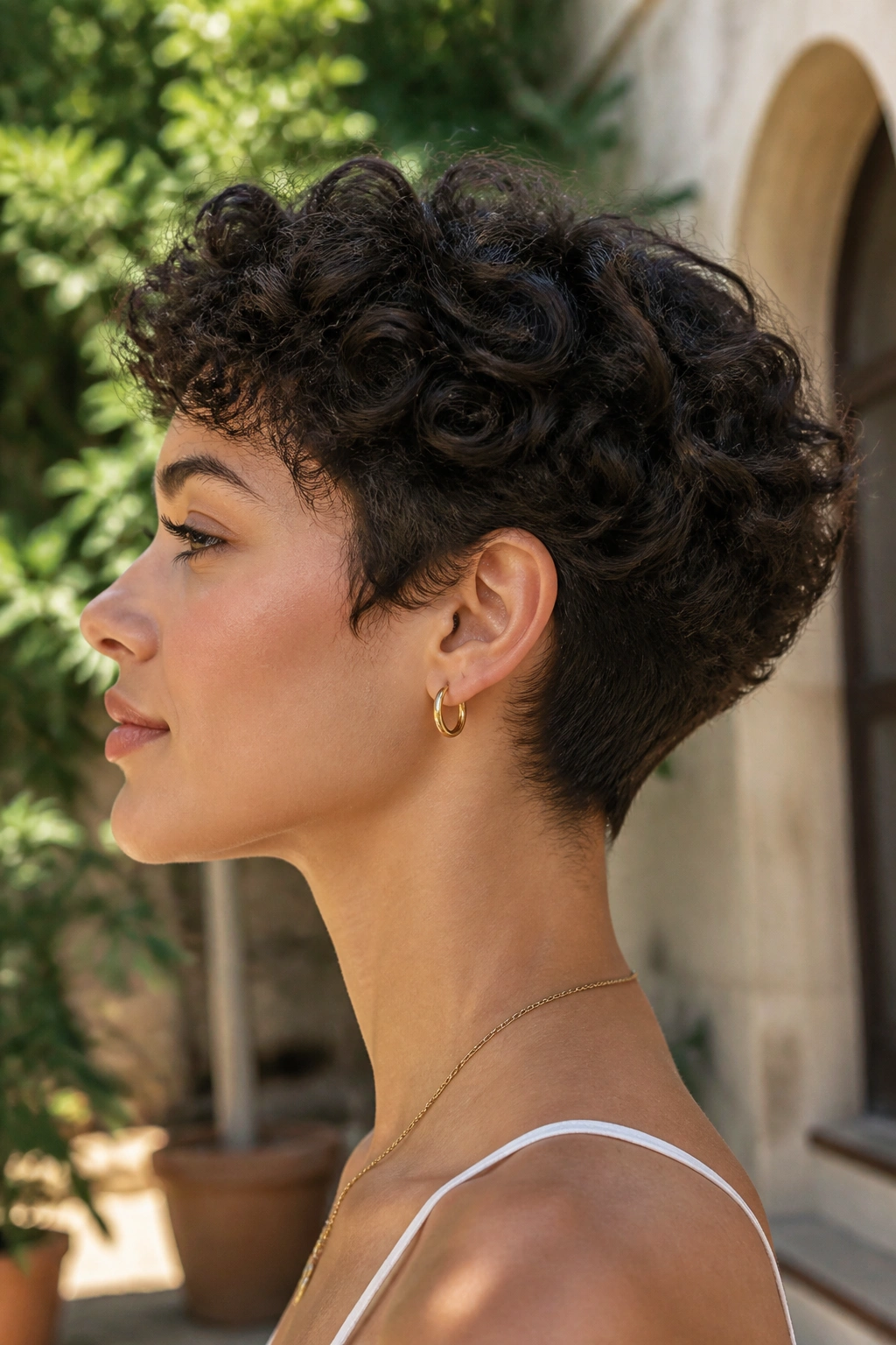 Profile close-up of a woman with a rounded curly pixie and soft nape taper.