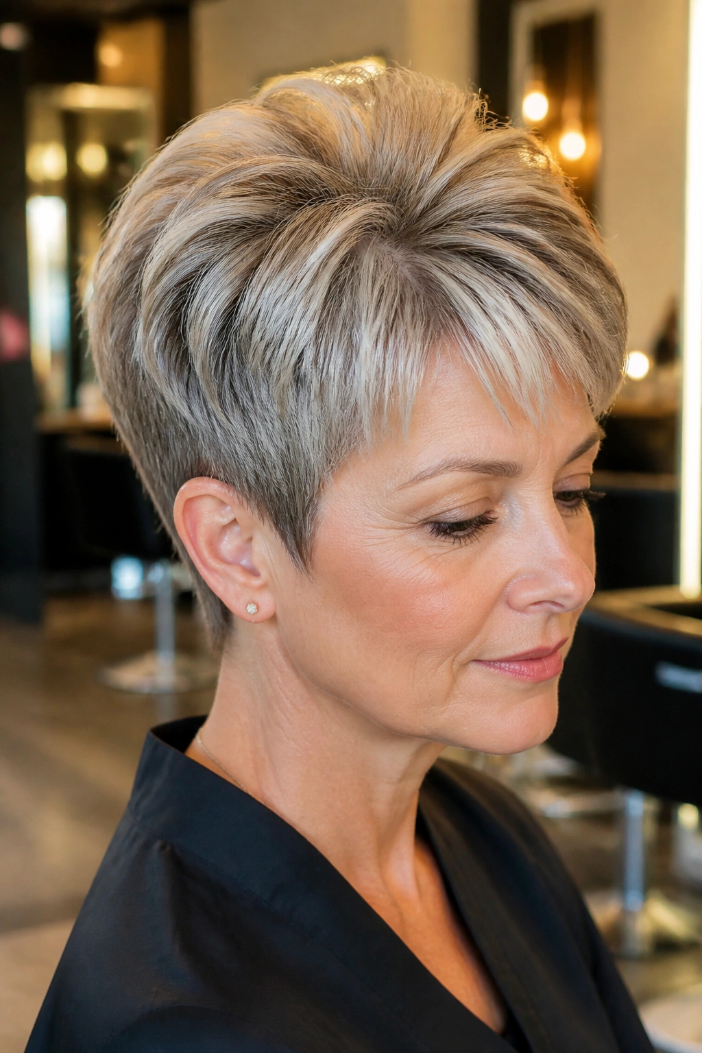 Close-up portrait of a real woman with a rounded pixie and sculpted crown