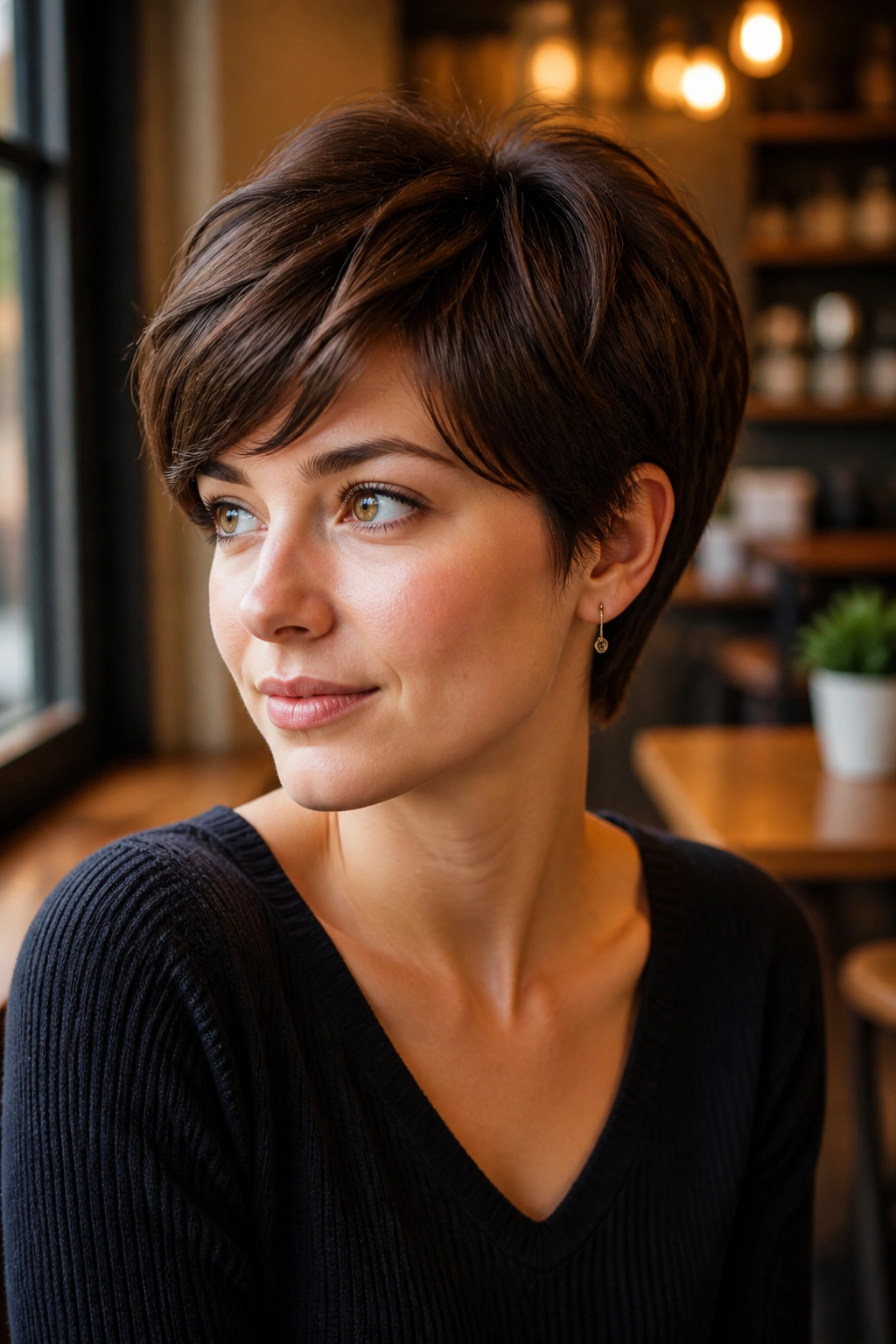 Close-up portrait of a real person with rounded long pixie and soft perimeter around the head