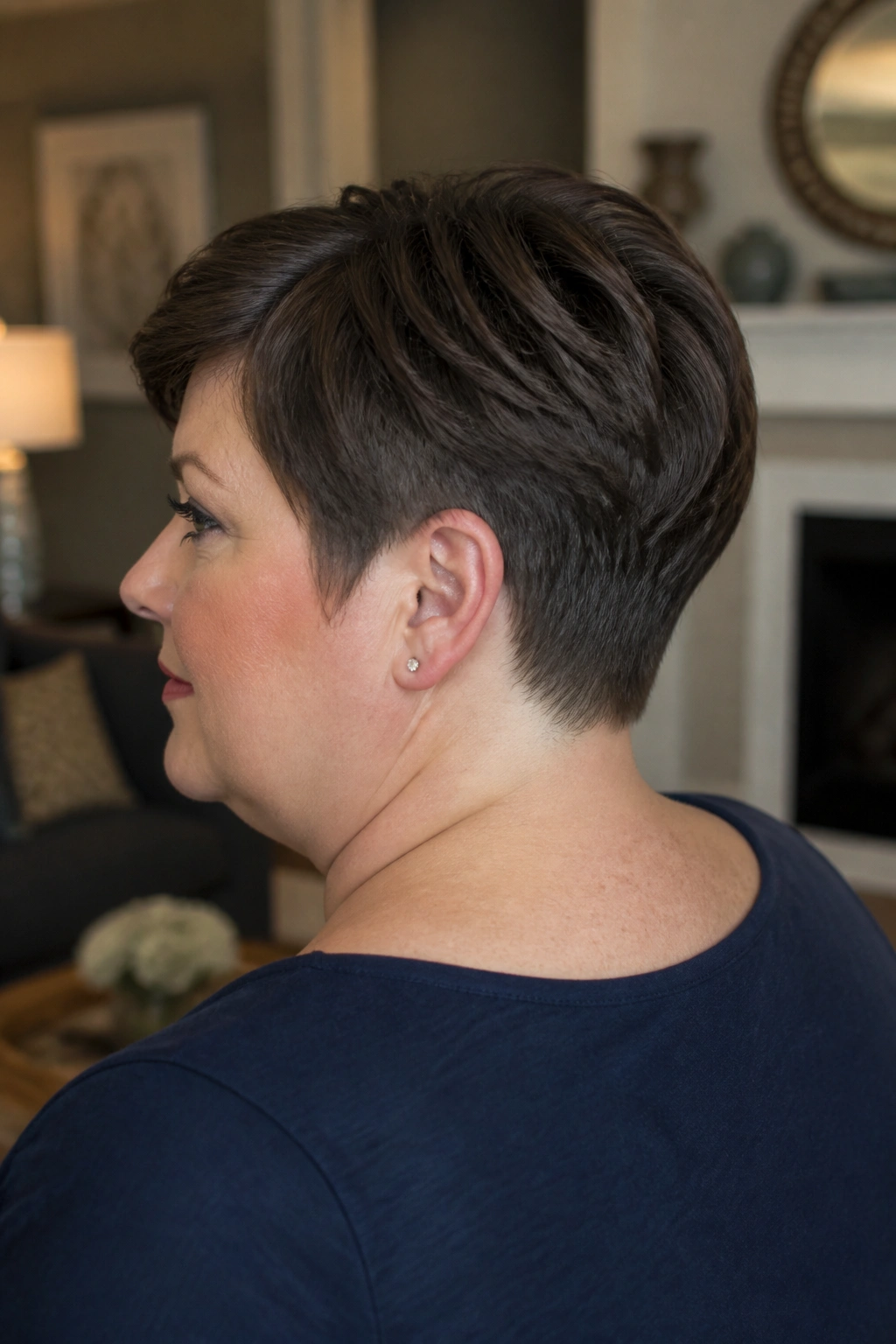 Close-up portrait of a real woman with a rounded pixie and tapered nape.