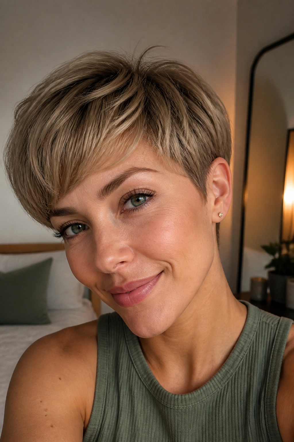 Front portrait of a real person with rounded pixie and tapered neckline