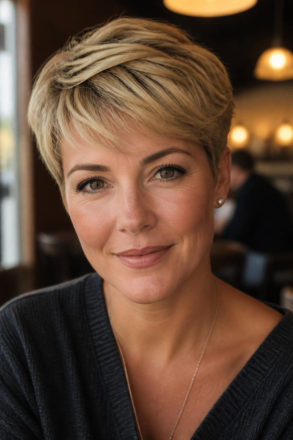 Close-up portrait of a real person with a rounded pixie and tucked sides