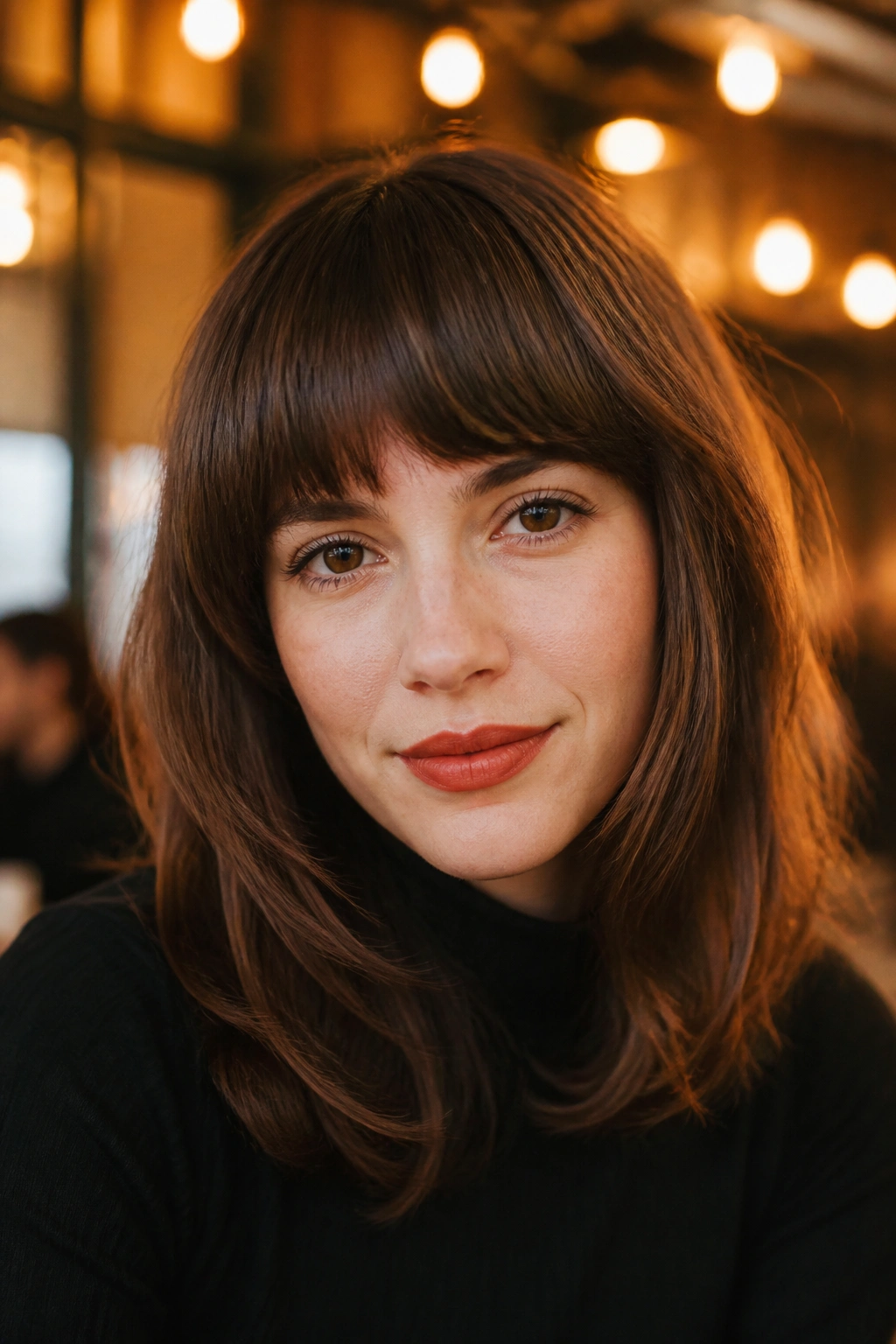 Close-up of a real person with a rounded retro fringe