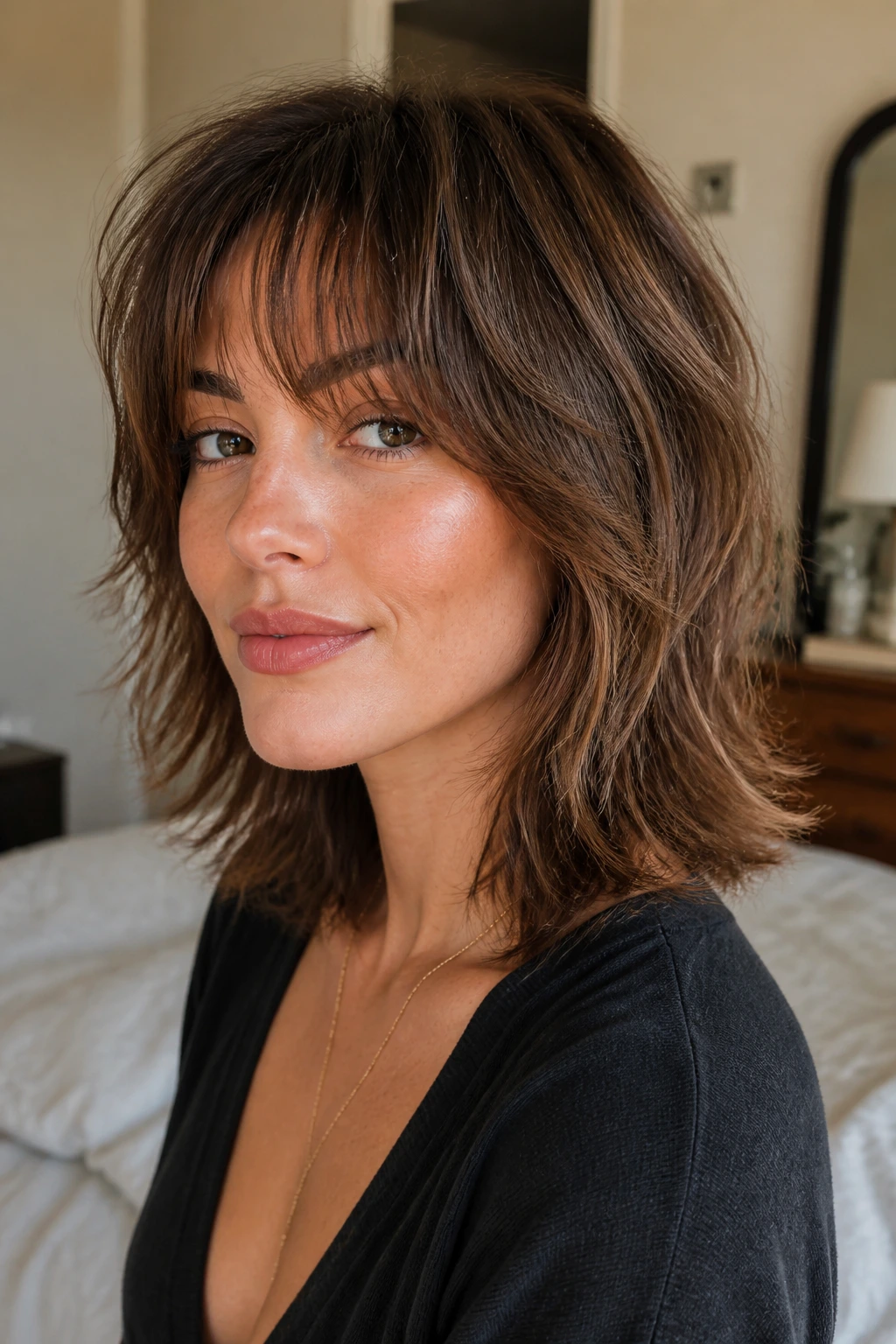 Close-up portrait of a real woman with rounded soft shag and airy ends under natural window light.