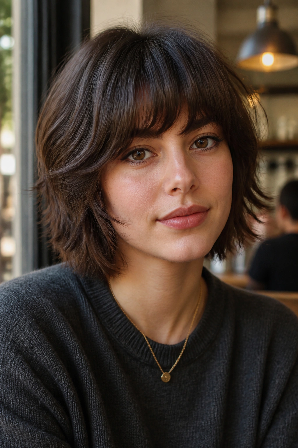 Portrait of a woman with rounded shag and arched bangs