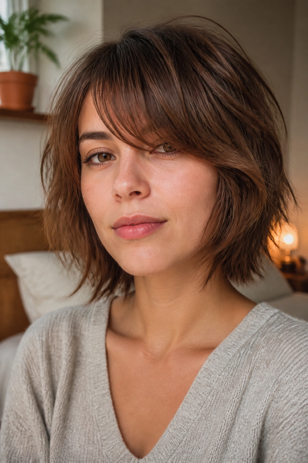 Close-up portrait of a real woman with rounded shag and soft side-swept bangs under warm window light.