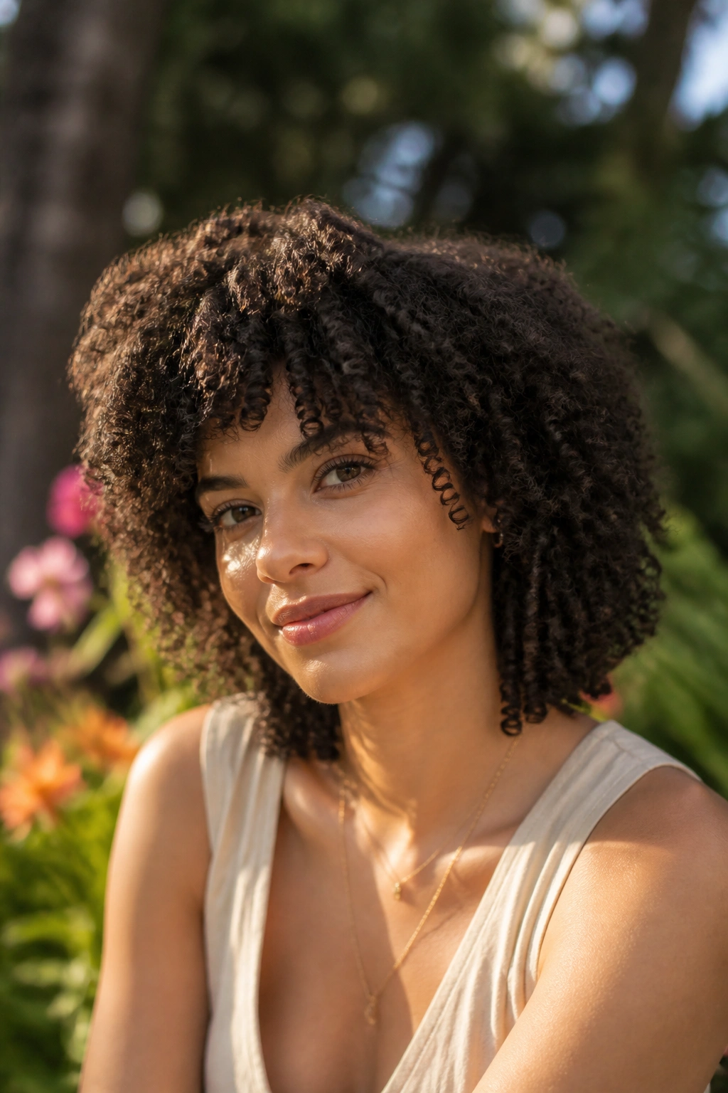 Portrait of a real person with rounded shag and tight coils in soft natural light.