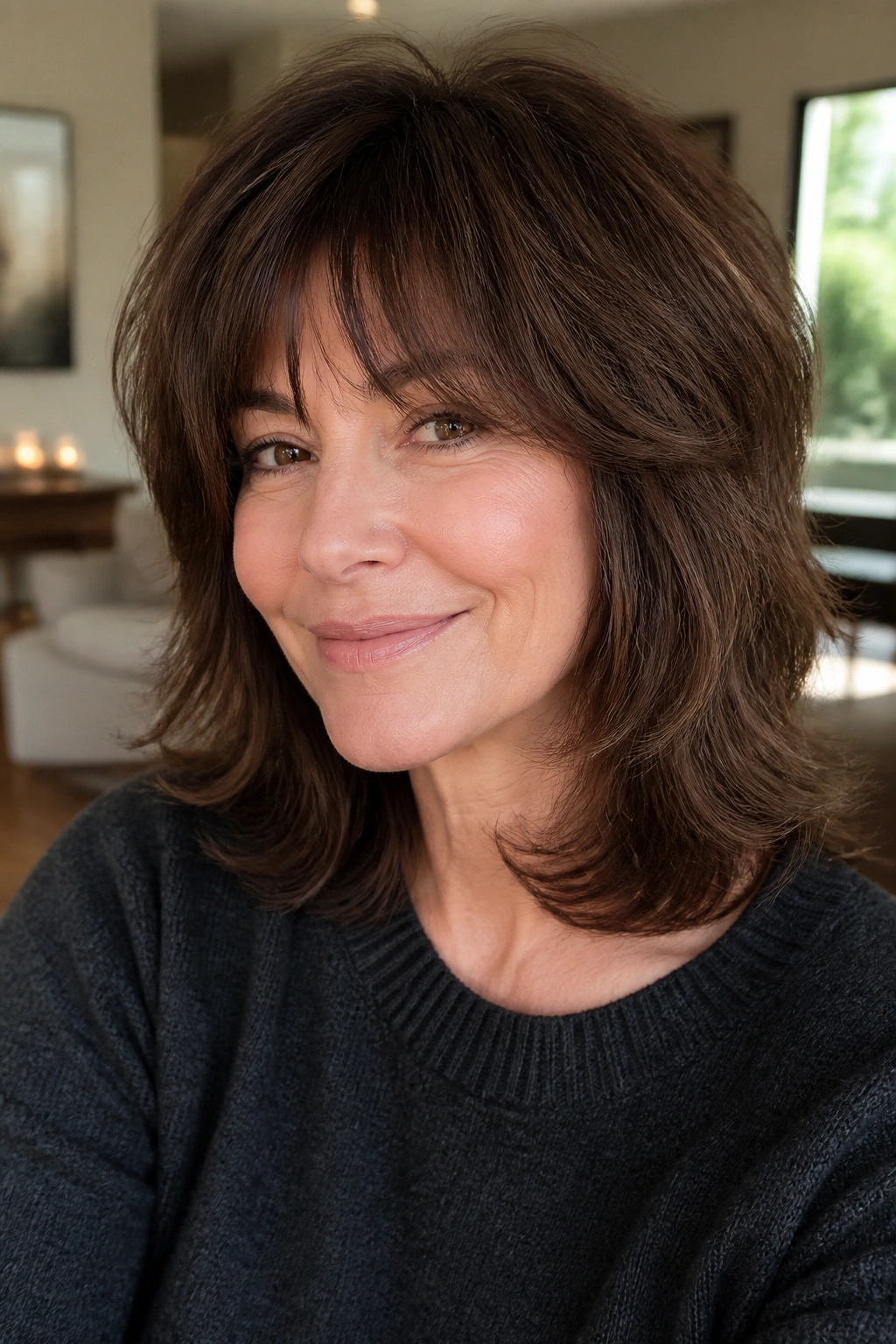 Close-up portrait of a real person with rounded shag ends hairstyle