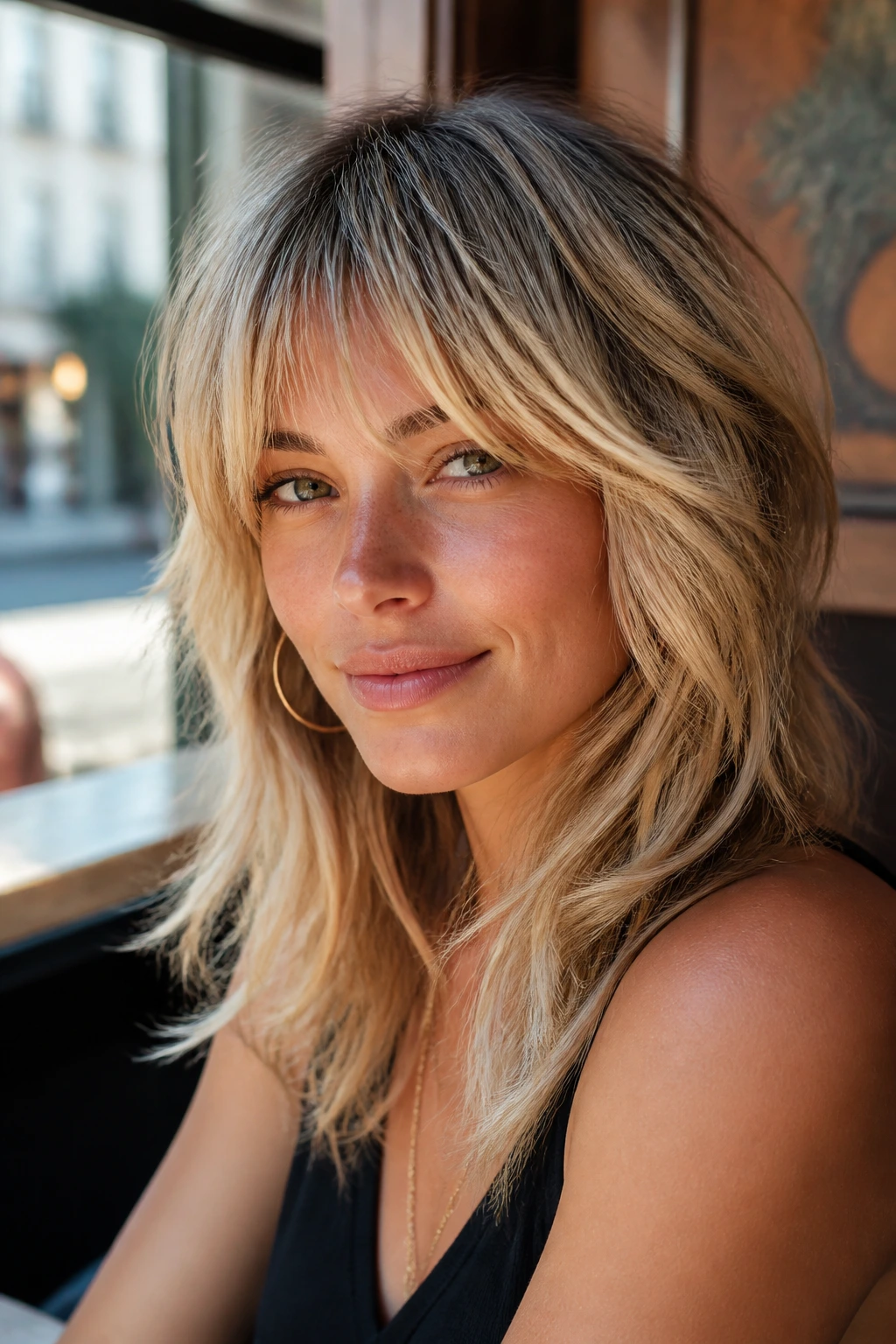 Close-up of a real woman with rounded shag fringe and buttery blonde frames