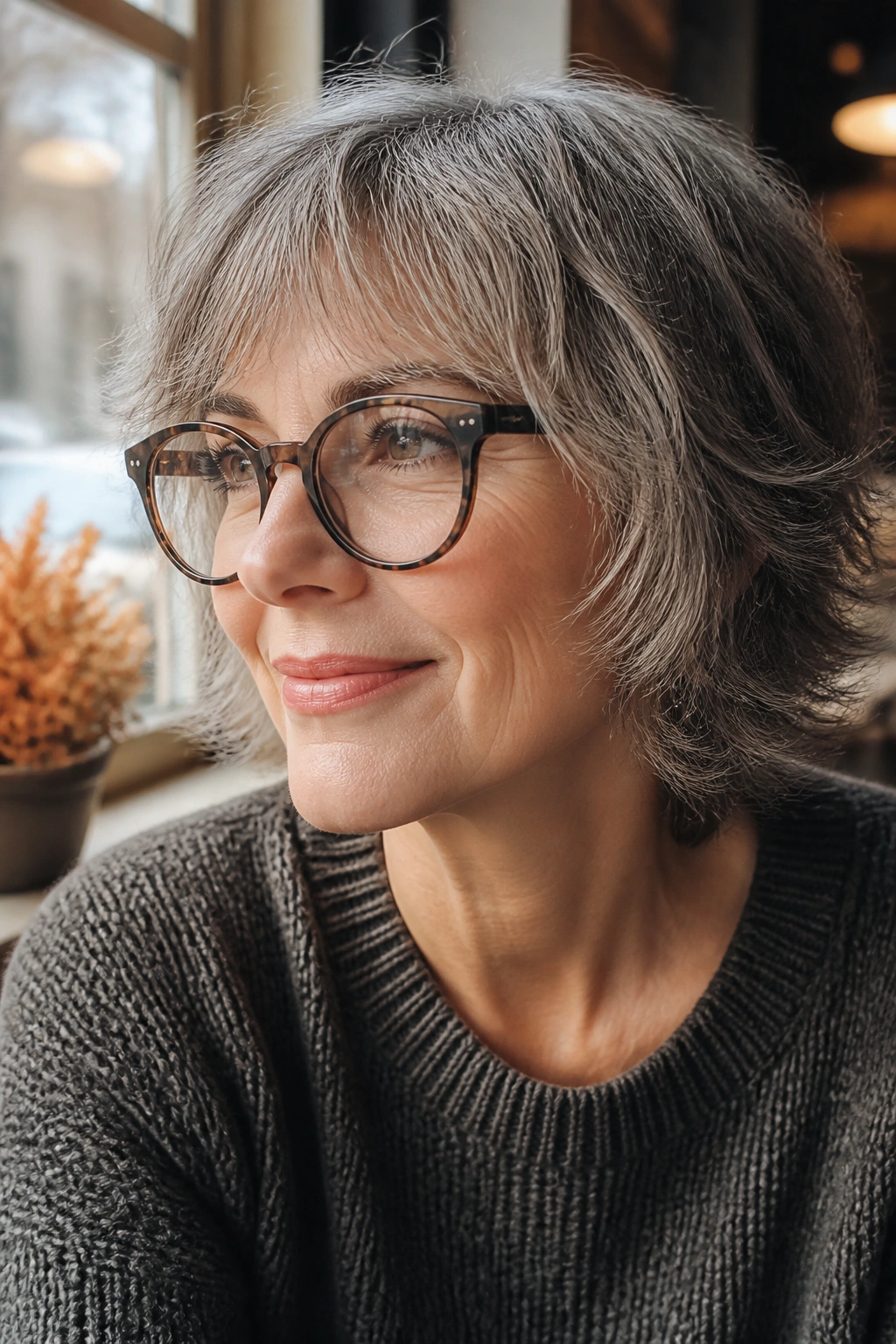 Close-up of a real woman with rounded shag framing around glasses