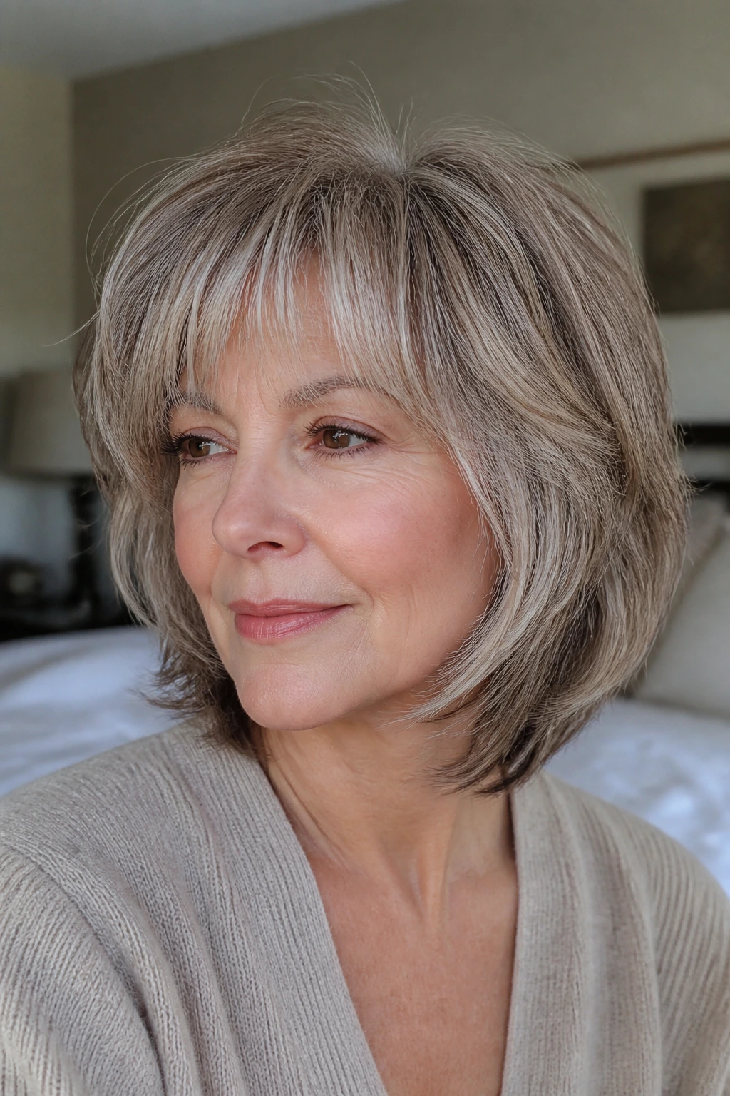 Real woman with rounded shag and soft features in sunlit bedroom light