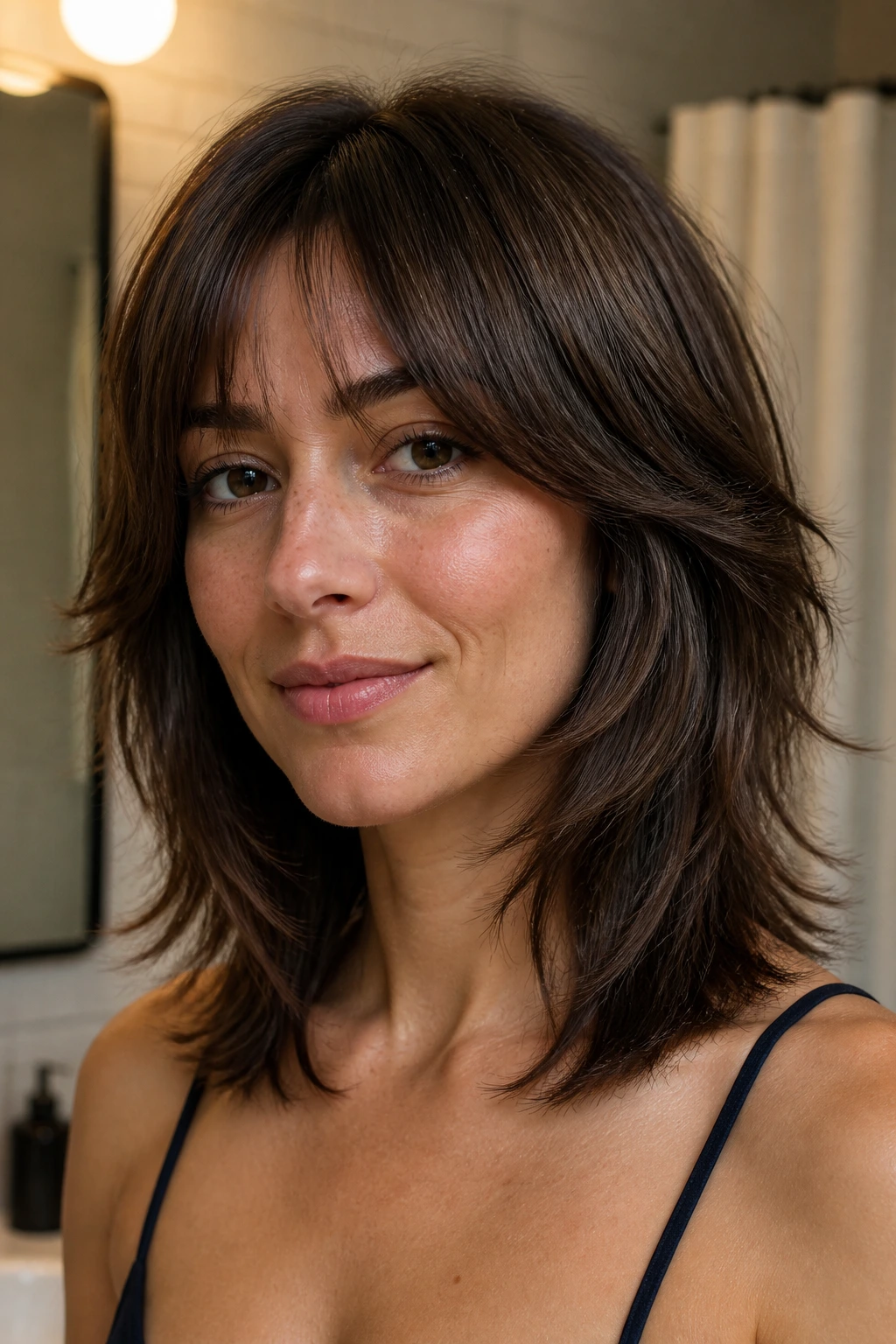 Close-up of a real woman with rounded shag on straight hair, warm bathroom light.