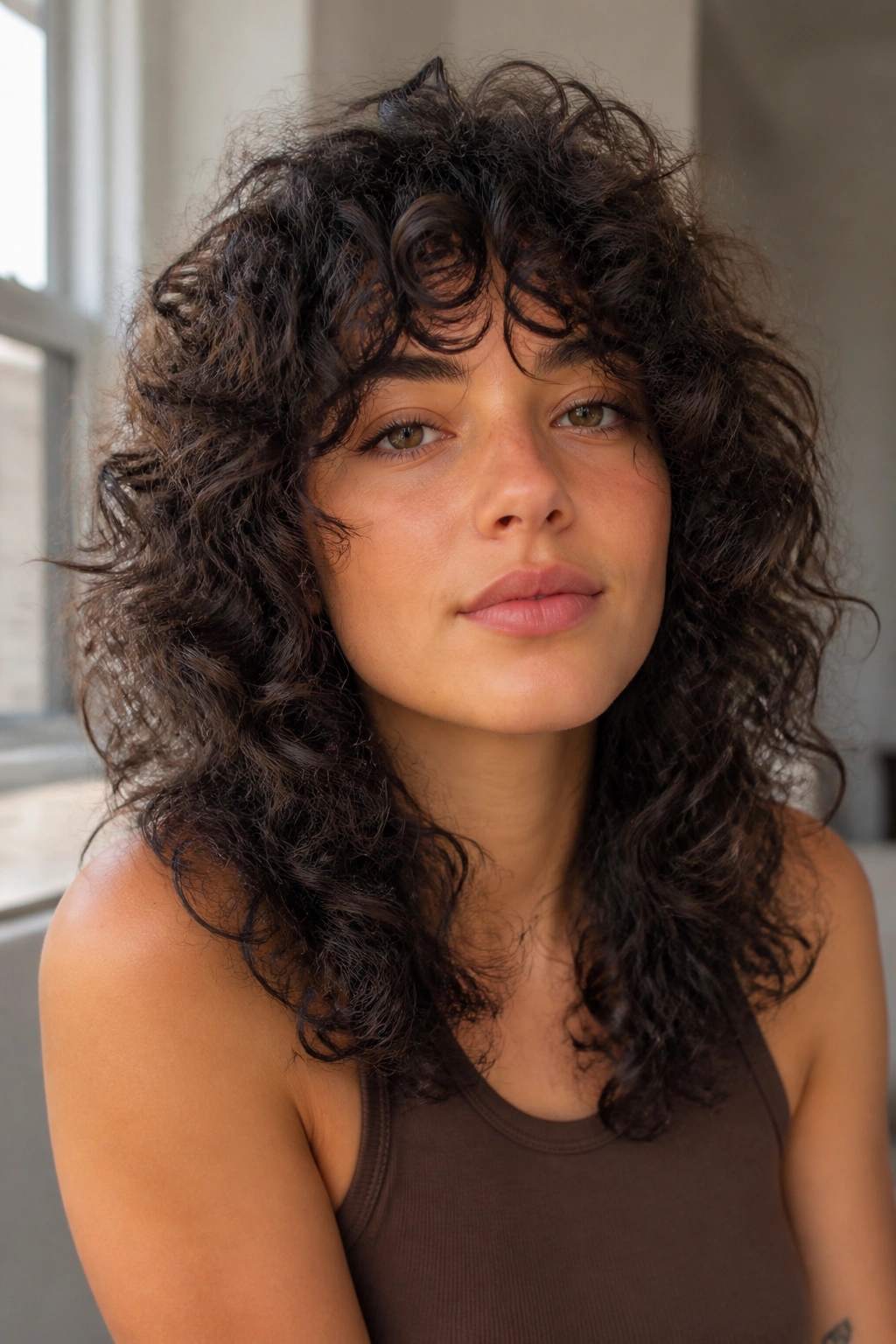 Real woman with rounded curly shag on thick hair, crown lift