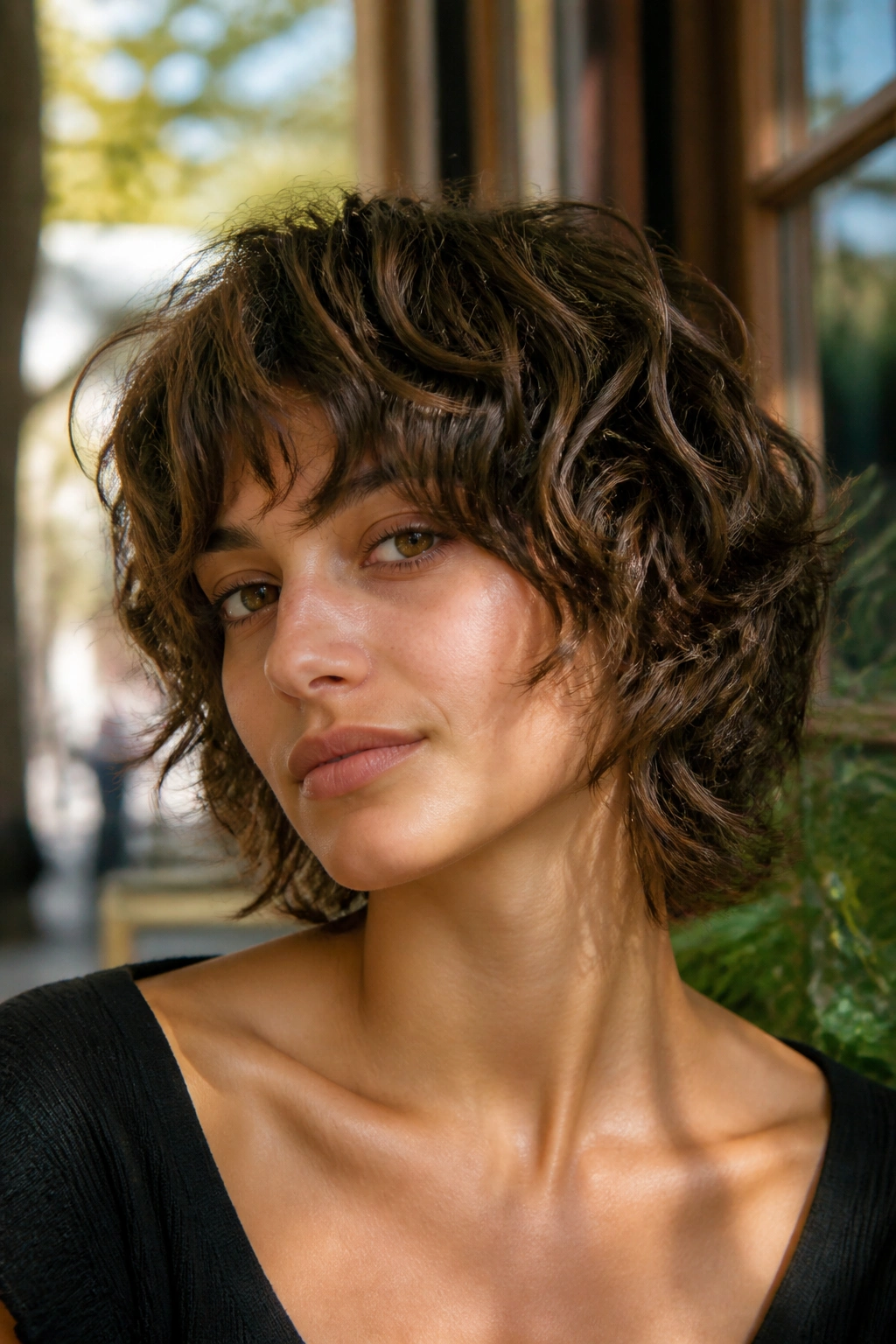 Real woman with rounded shag embracing natural waves outdoors.