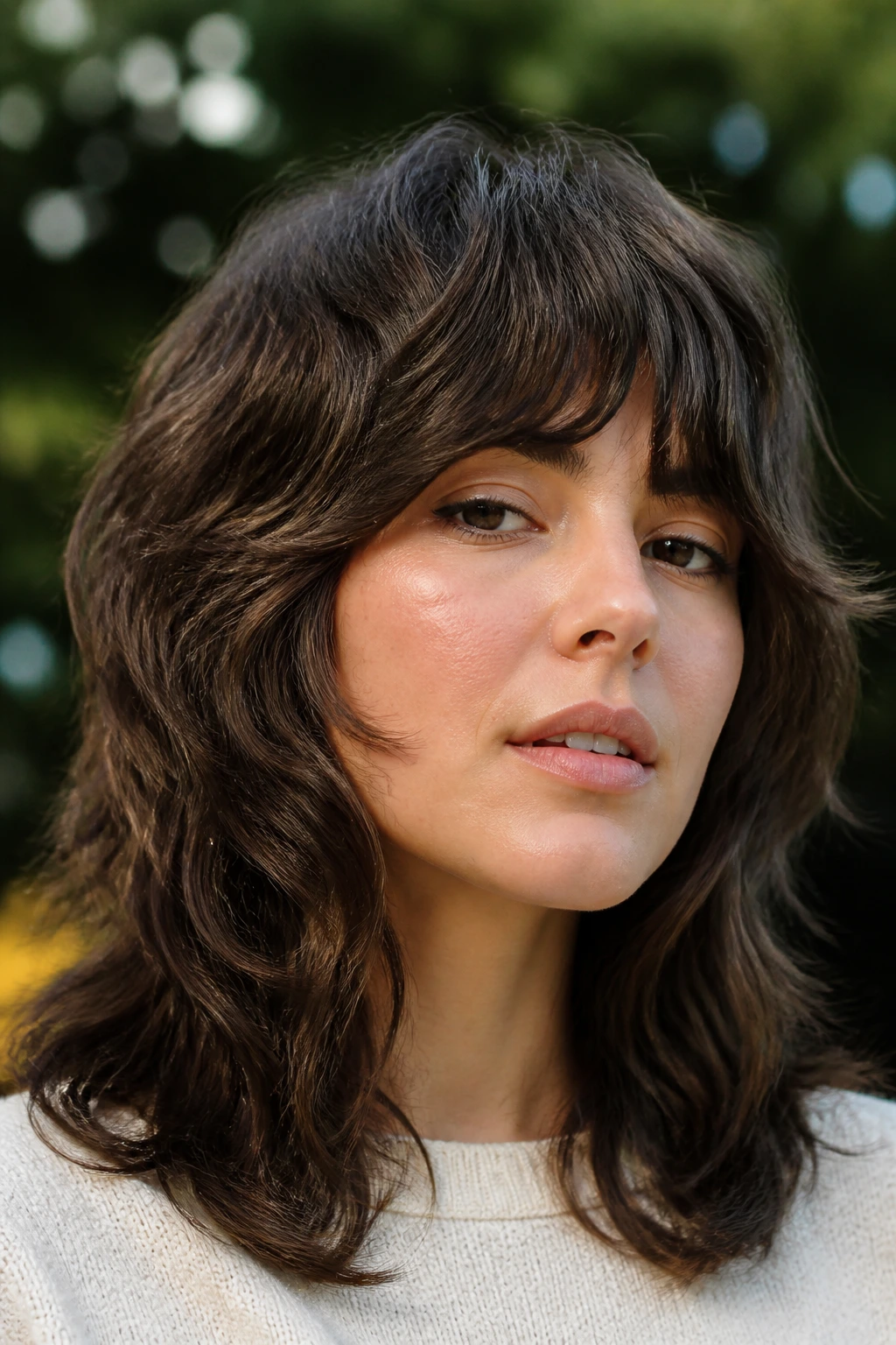 Close-up of a real person with rounded shaggy wolf cut for thick hair in soft outdoor light