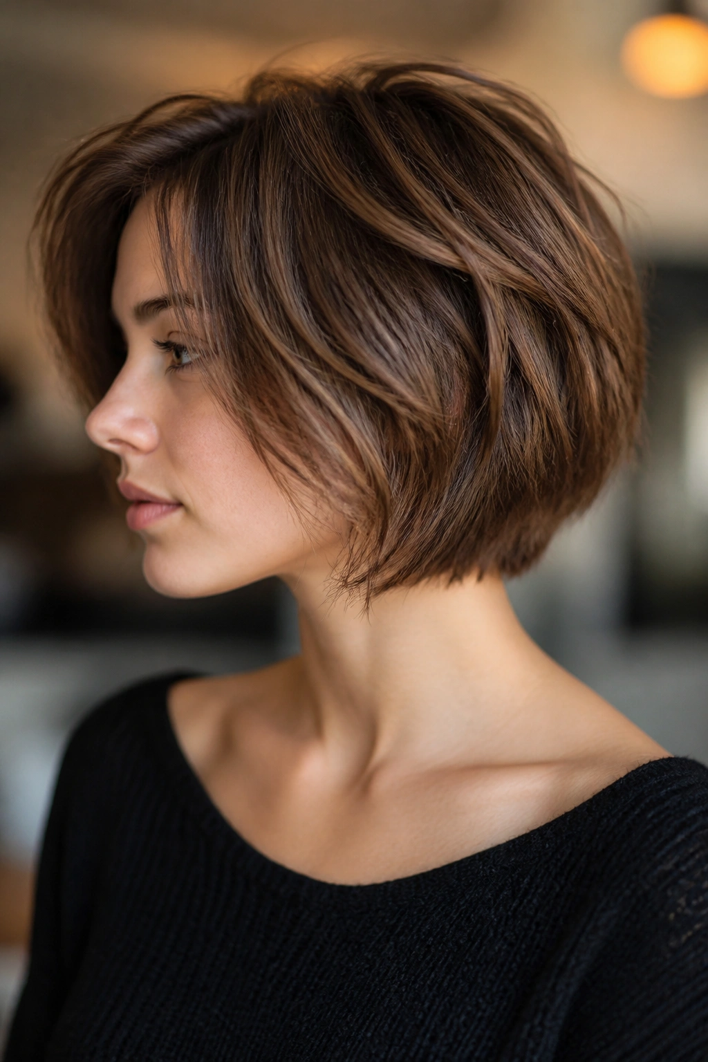 Close-up of a real woman with a rounded shaggy bob and soft neckline