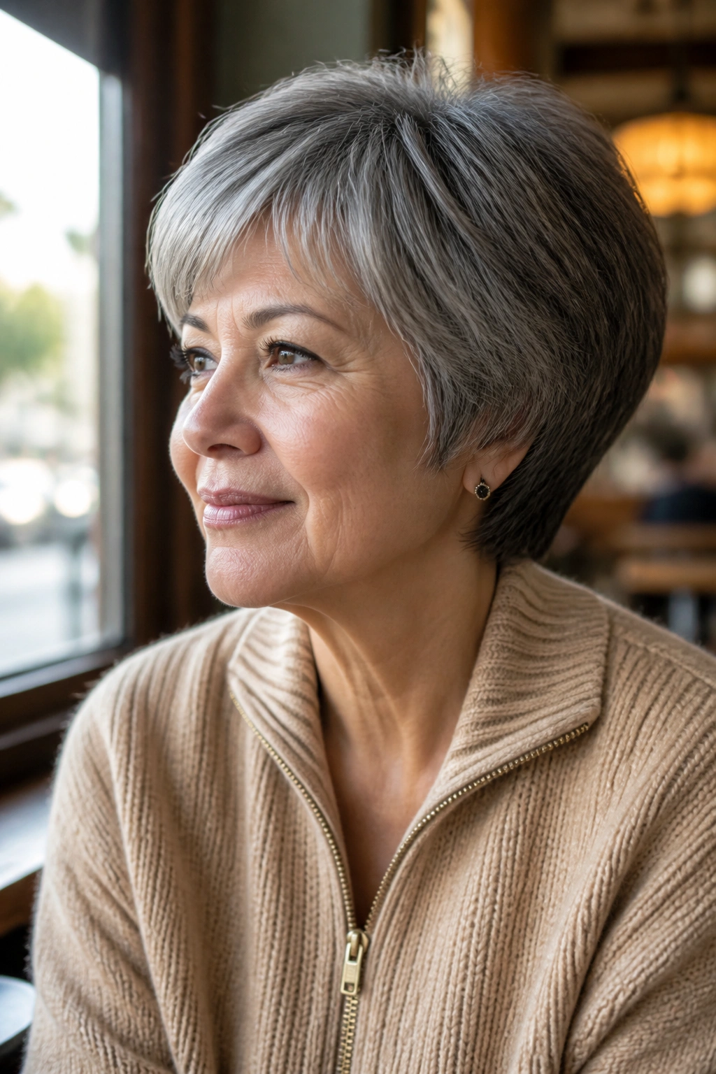 Real woman with rounded short cut and soft edges in warm daylight