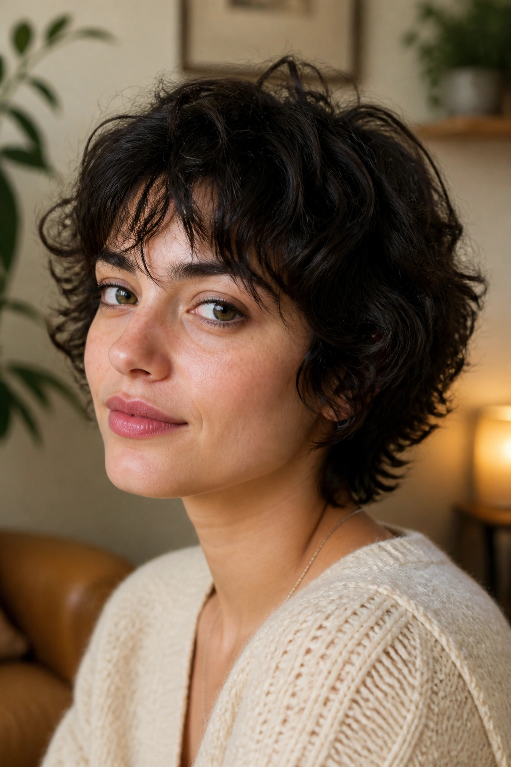 Real woman with rounded short shag and piecey fringe in cozy living room