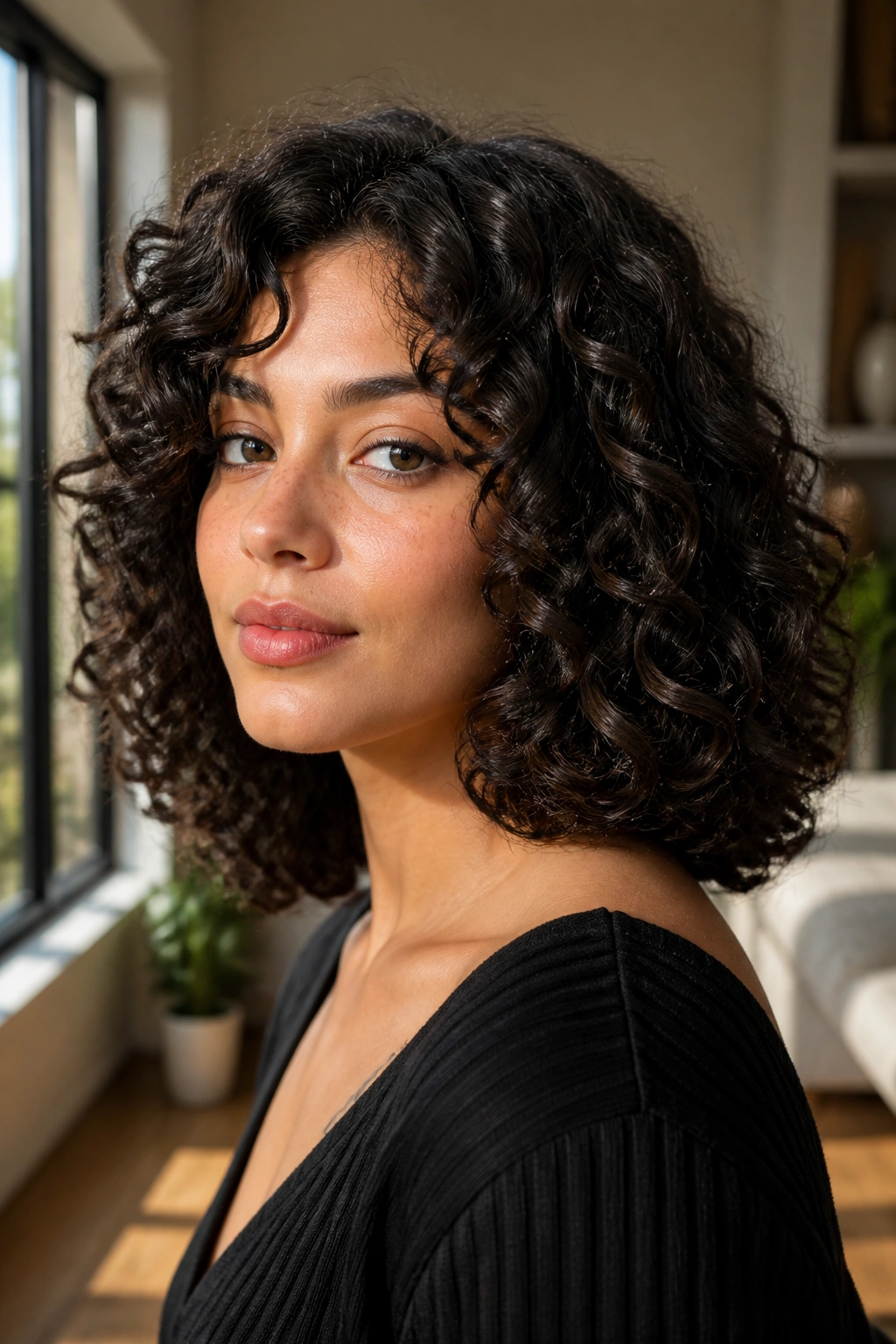 Close-up portrait of person with rounded shoulder-length curls hairstyle