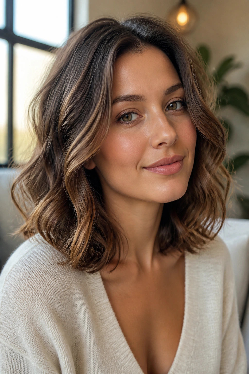 Close-up of a real woman with a rounded shoulder-length wavy cut, warm window light