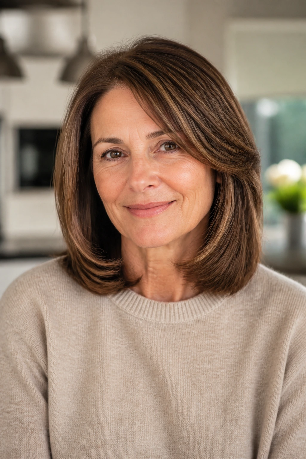 Close-up portrait of a real woman with rounded shoulder-length cut framing the face in warm indoor lighting