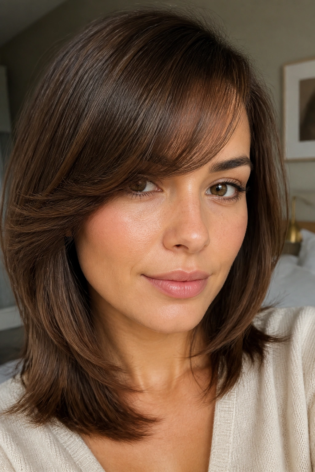 Close-up of a real woman with rounded side bangs softening a square jaw in warm bedroom lighting.