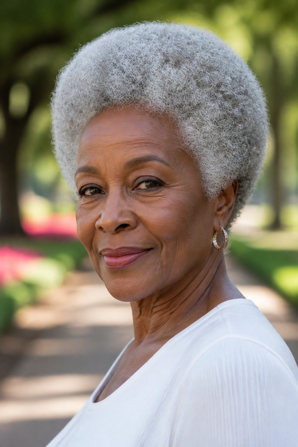 Senior woman with a rounded silver afro in daylight