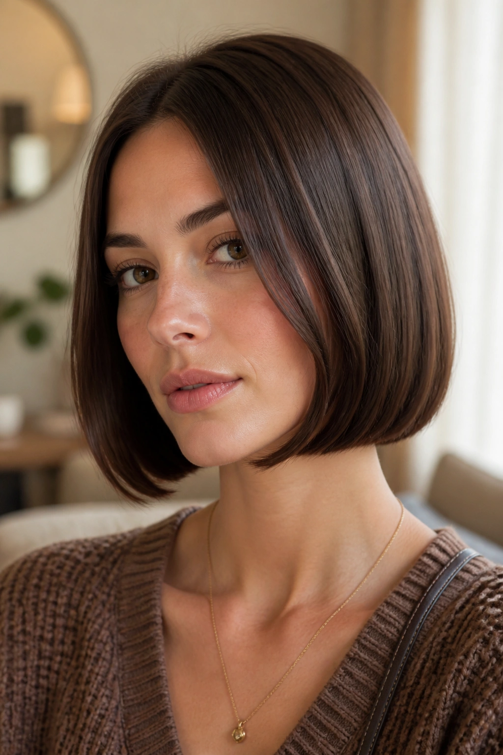 Close-up of a real person with a rounded straight bob and inward-curved ends