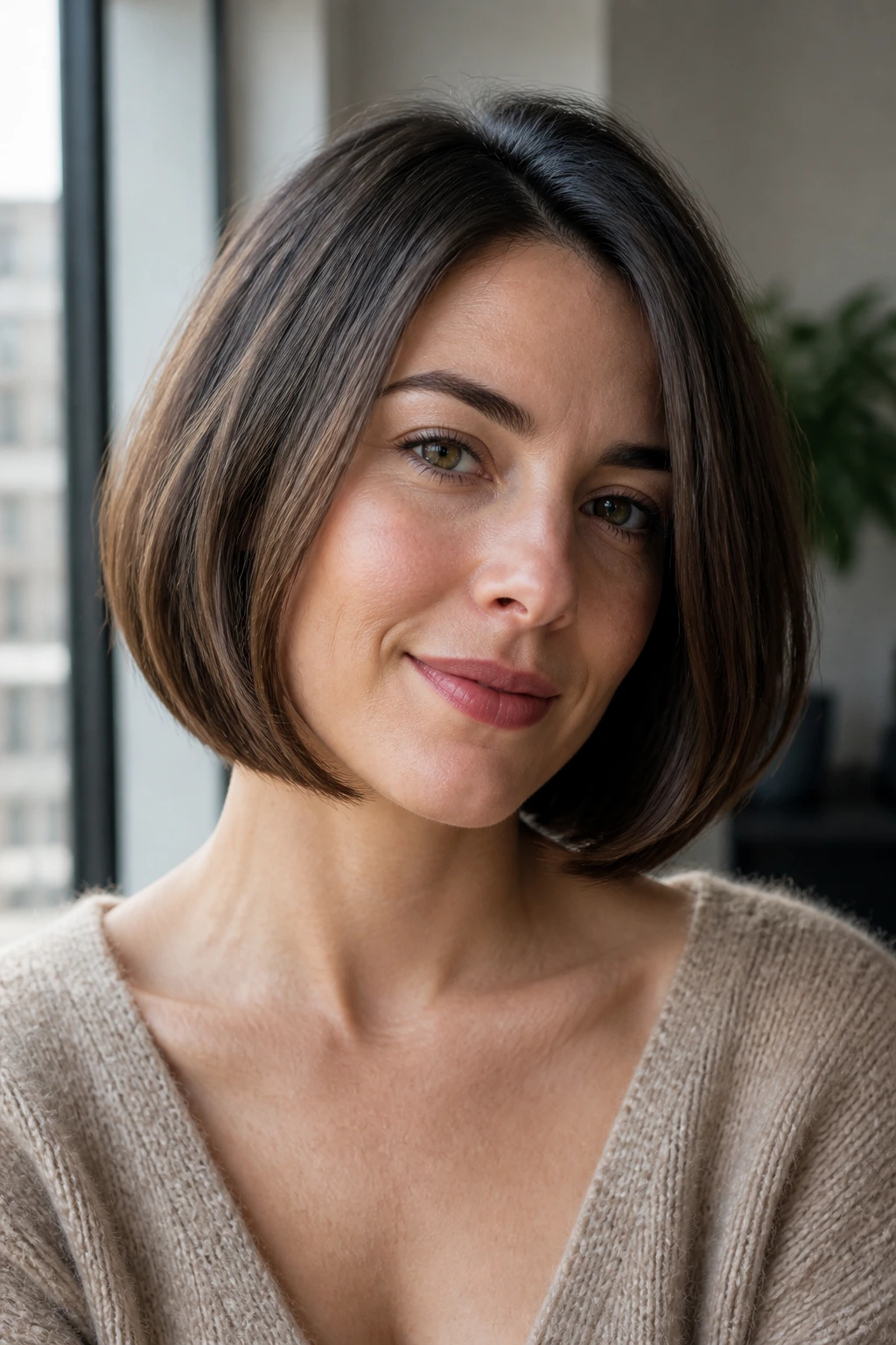 Real woman with rounded swing bob, soft inward-curved ends and polished shine