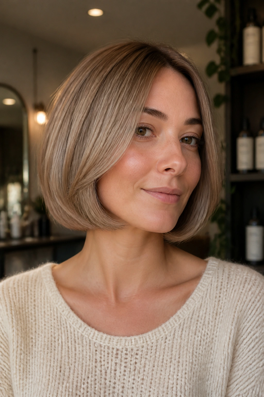 Close-up portrait of a real woman with rounded tucked-under bob