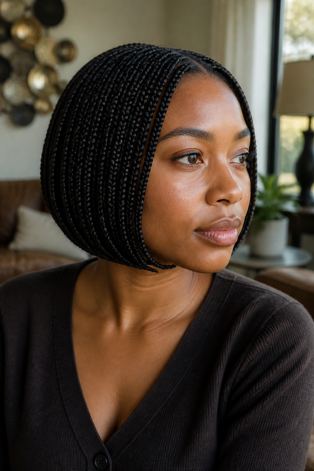 Portrait of a woman with rounded tucked-under bob in warm daylight
