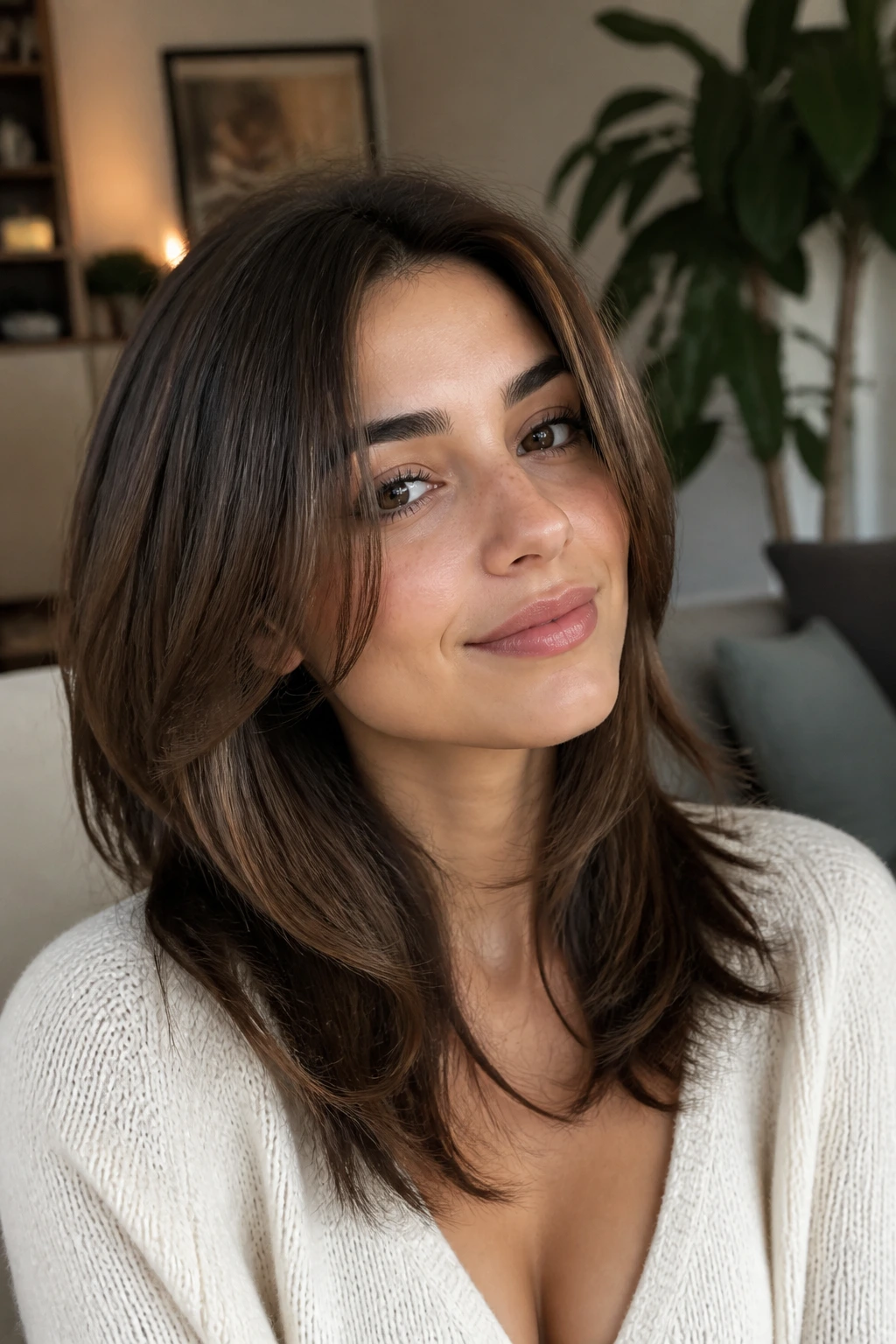 Close-up of a real woman with rounded U-shaped layers framing the face.