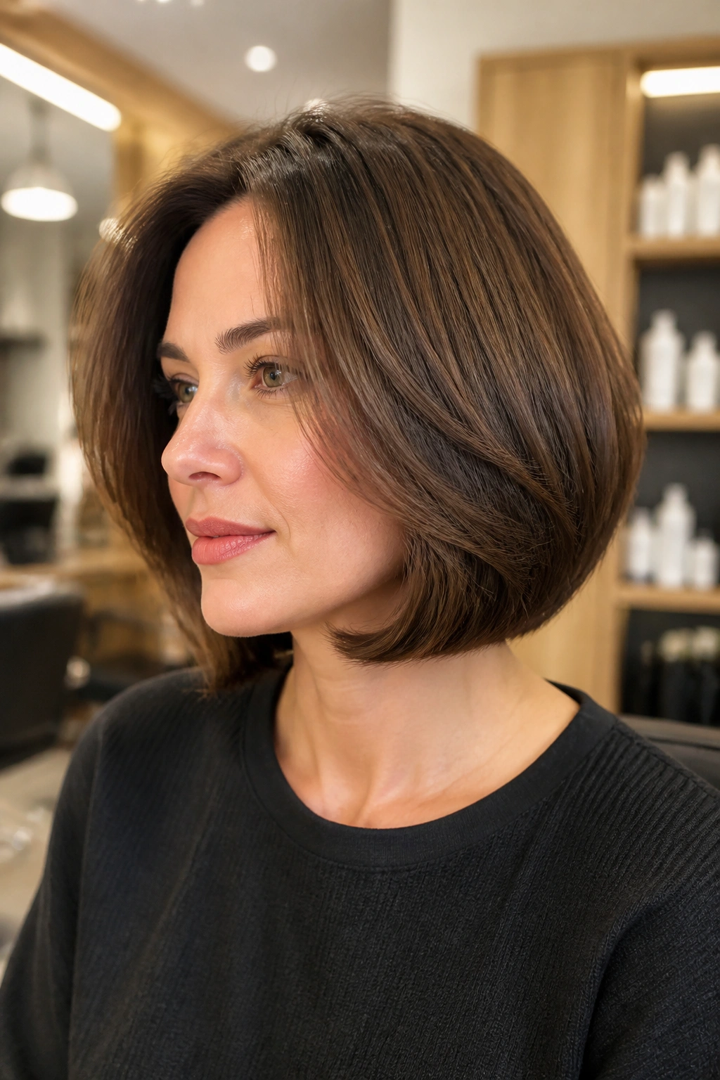 Real woman with rounded under bob and hidden layers in warm salon lighting