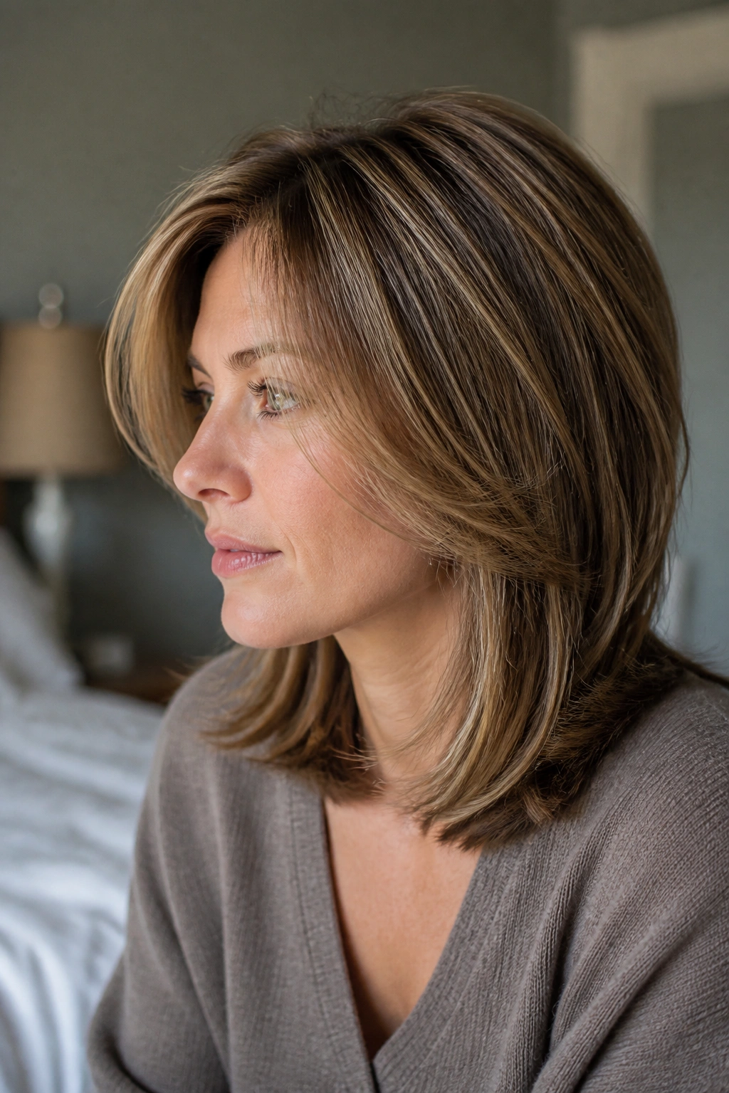 Portrait of a person with rounded volume layers at the crown