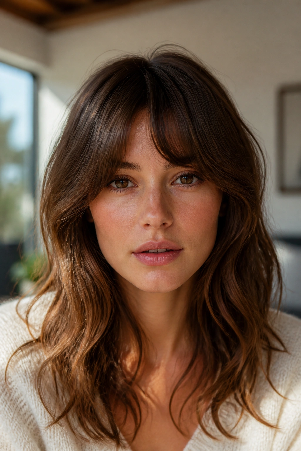 Portrait of a real woman with rounded wavy bangs and soft ends in natural light.