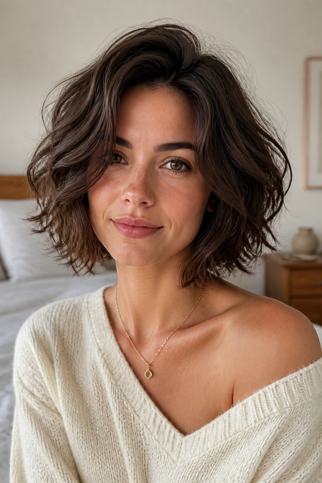 Close-up portrait of Rounded Wavy Bob With Soft Volume at the Crown on a real person