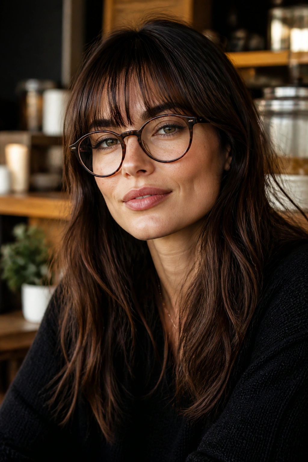 Close-up of a real woman with rounded wispy bangs and glasses