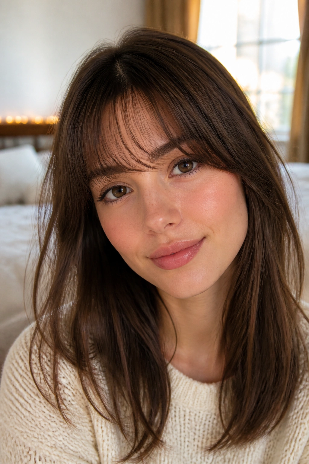 Close-up of rounded wispy bangs on a real person, soft U-shaped fringe in natural window light.