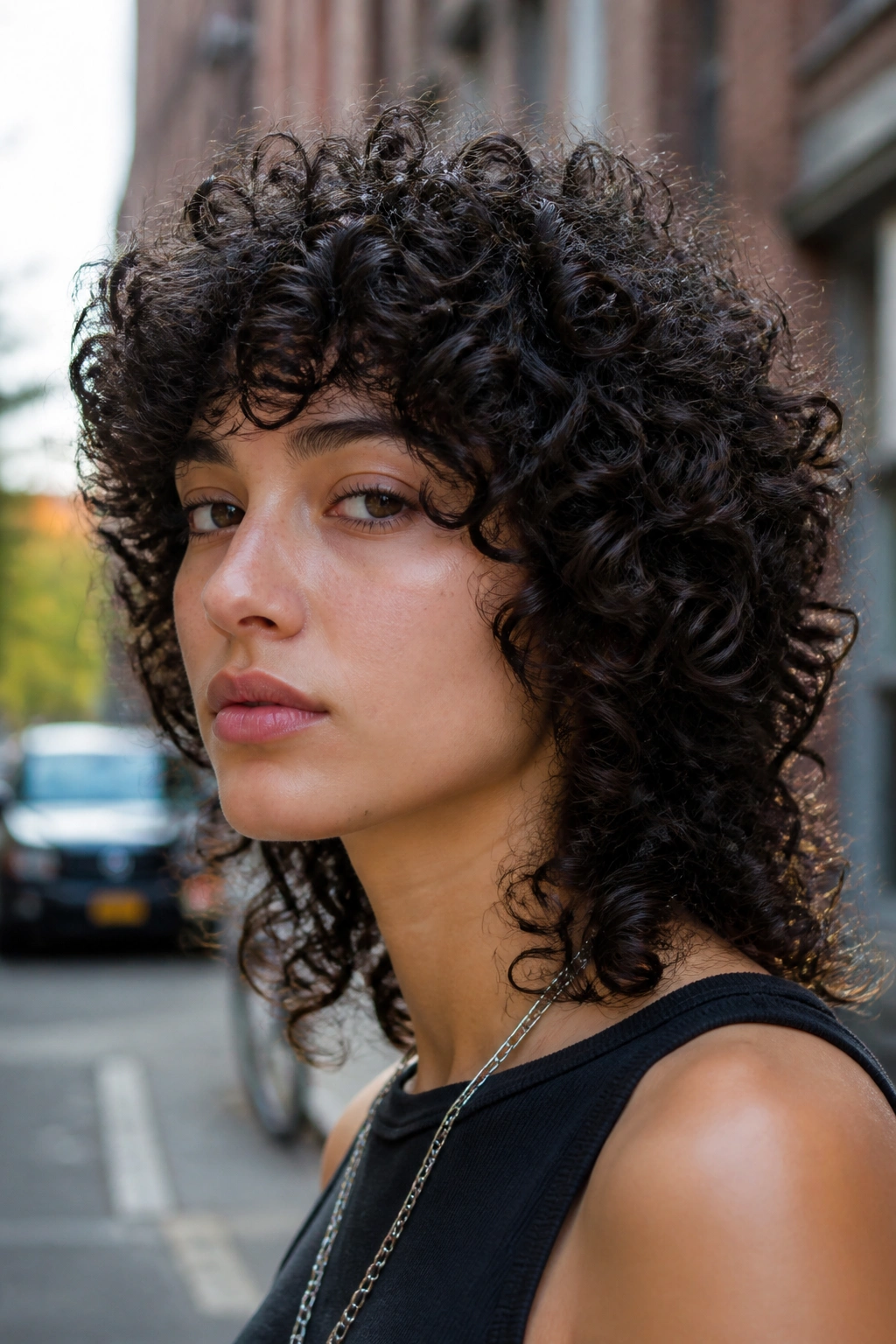 Close-up portrait of a real person with rounded wolf cut for dense curls