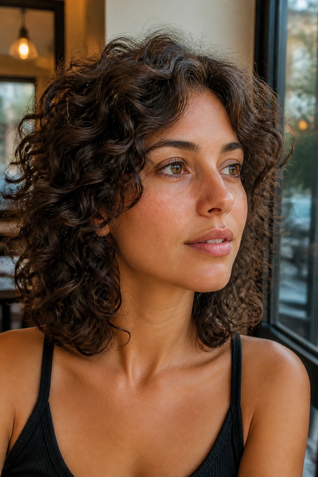 Close-up of a real person with rounded wolf cut and no fringe in a cafe setting