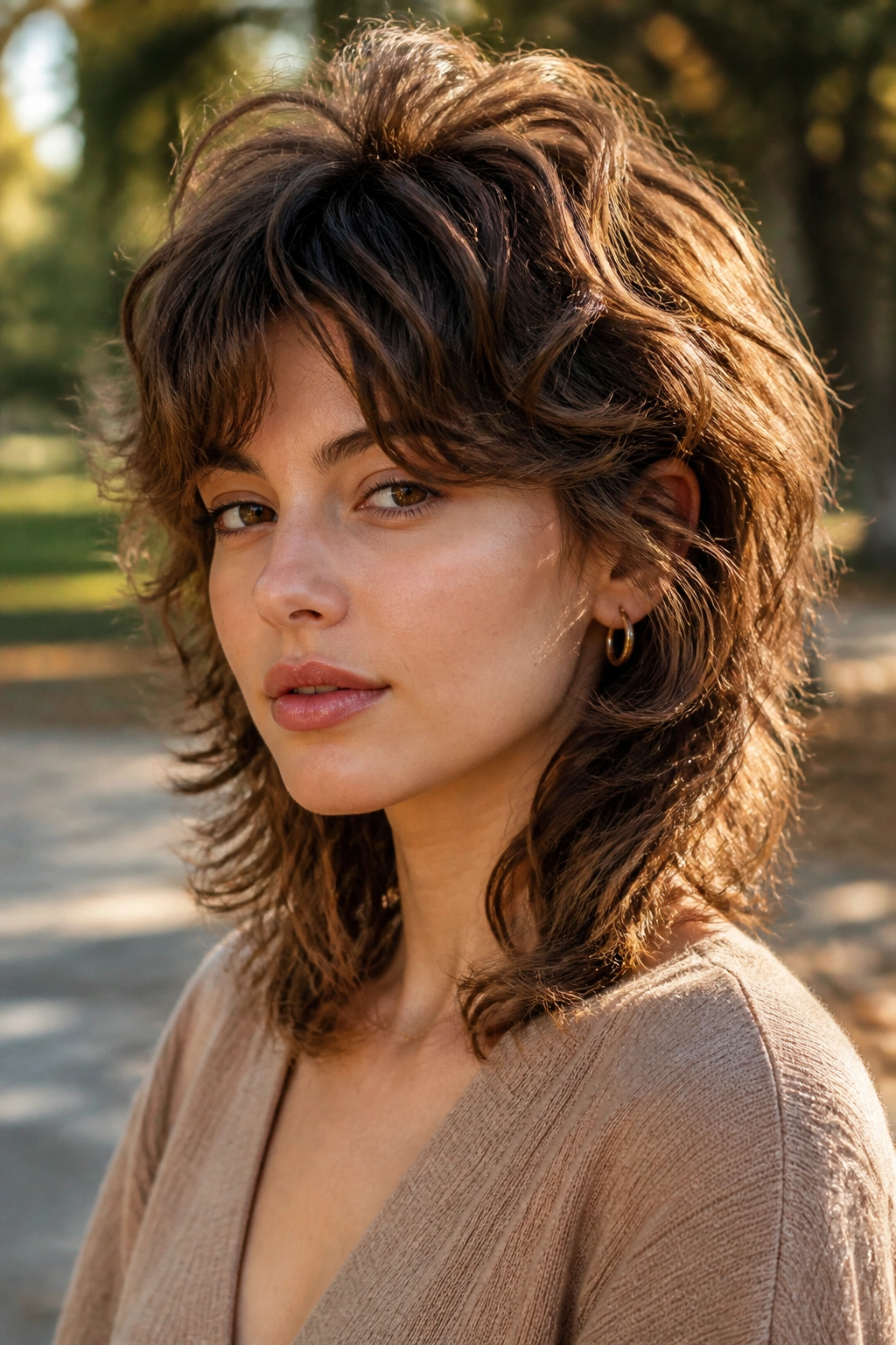 Close-up of a real woman showing a rounded wolf cut with crown lift.