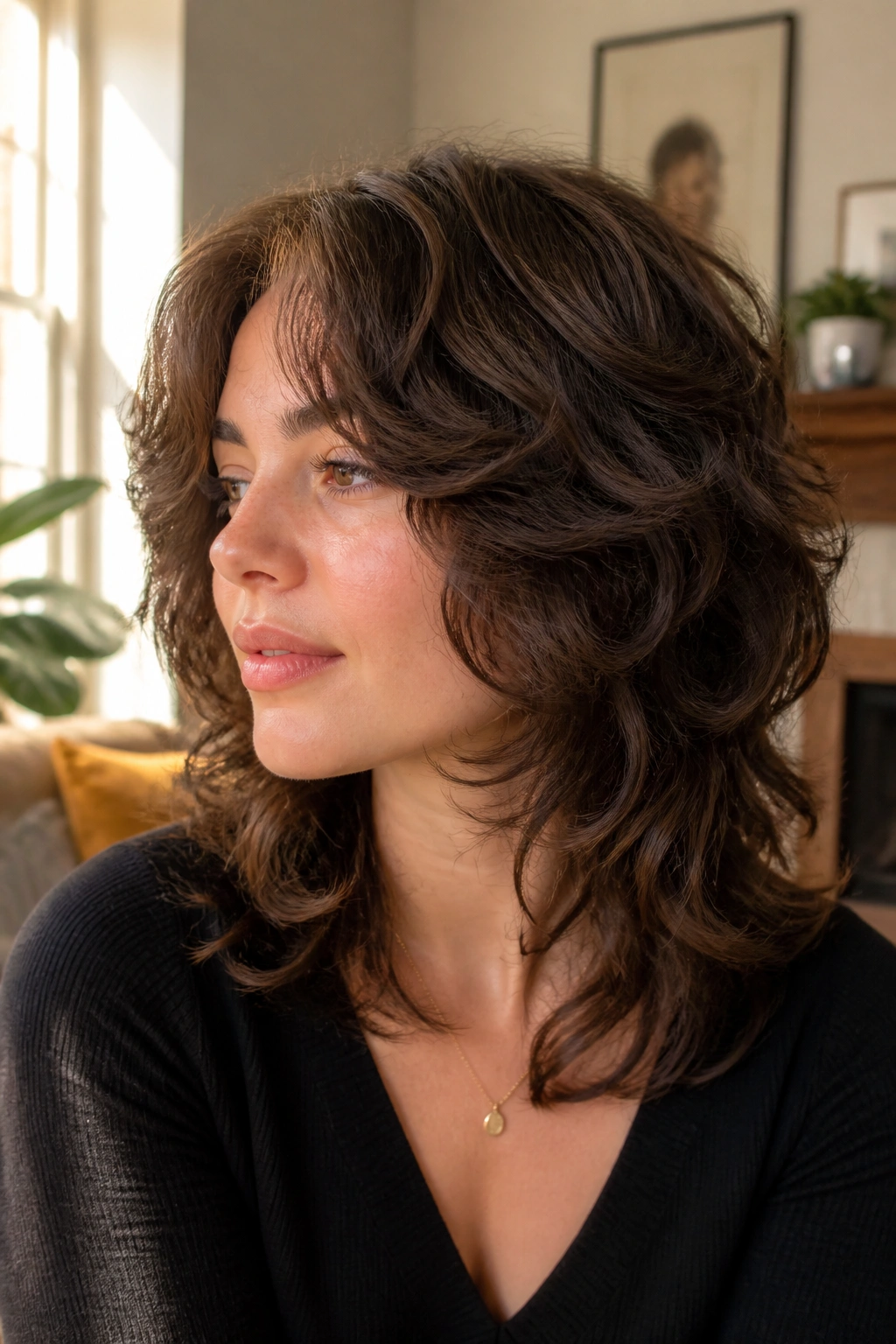 Close-up portrait of a real person with rounded wolf cut